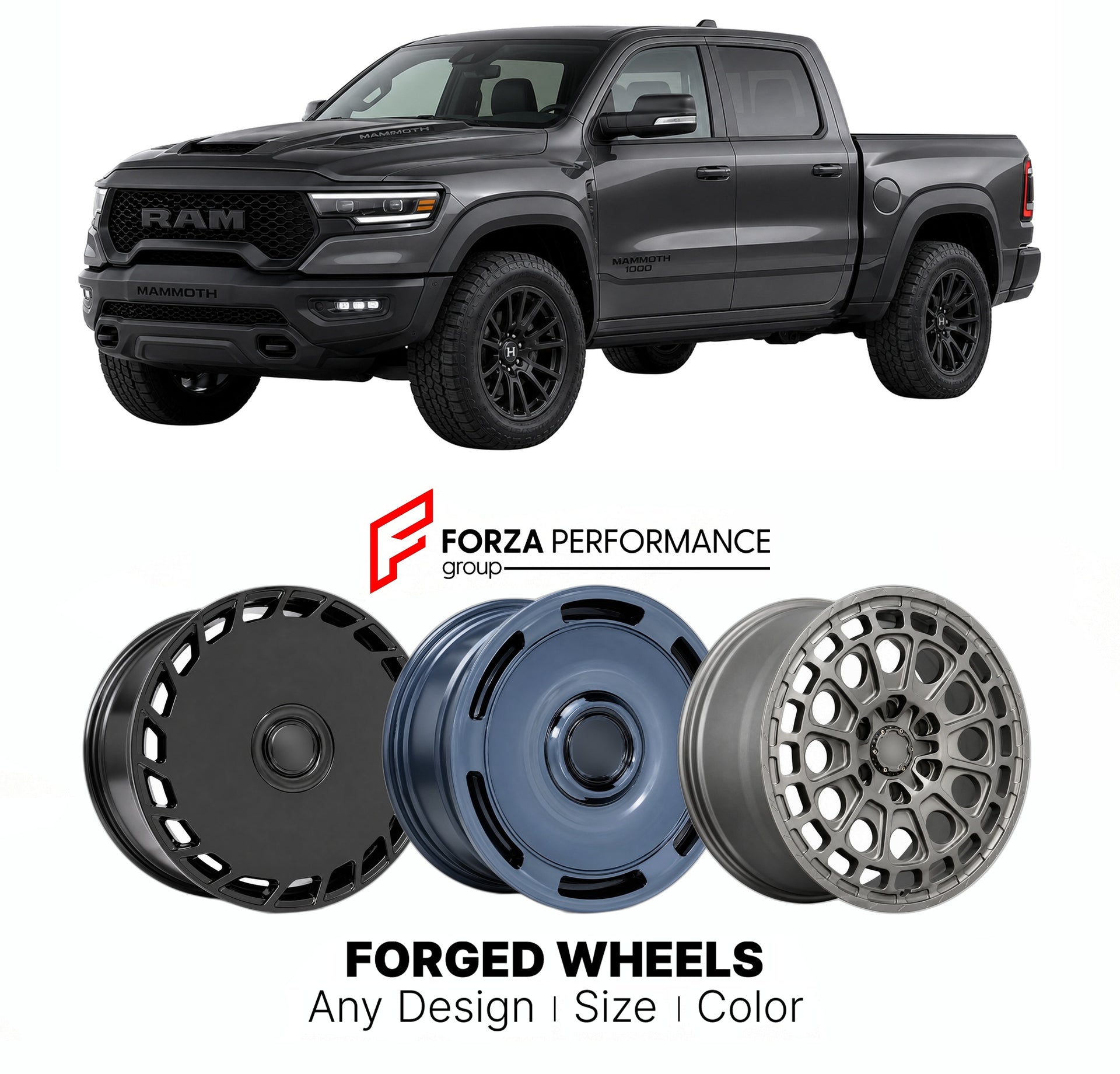 FORGED WHEELS RIMS for HENNESSEY MAMMOTH 1000 RAM TRX BASED 2021+

Custom forged wheels for Hennessey Mammoth 1000 Ram TRX Based 2021+. Made-to-order monoblock, 2-piece and 3-piece rims in custom sizes, offsets, colors and finishes with guaranteed fitment.

We manufacture premium quality forged wheels rims for Hennessey Mammoth 1000 Ram TRX Based 2021+ in any design, size, color.

THIS WHEEL DESIGN CAN BE CUSTOM-MADE FOR YOUR CAR IN ANY SIZE AND COLOR OPTIONS
Available in monoblock, 2-piece, 3-piece, duoblo