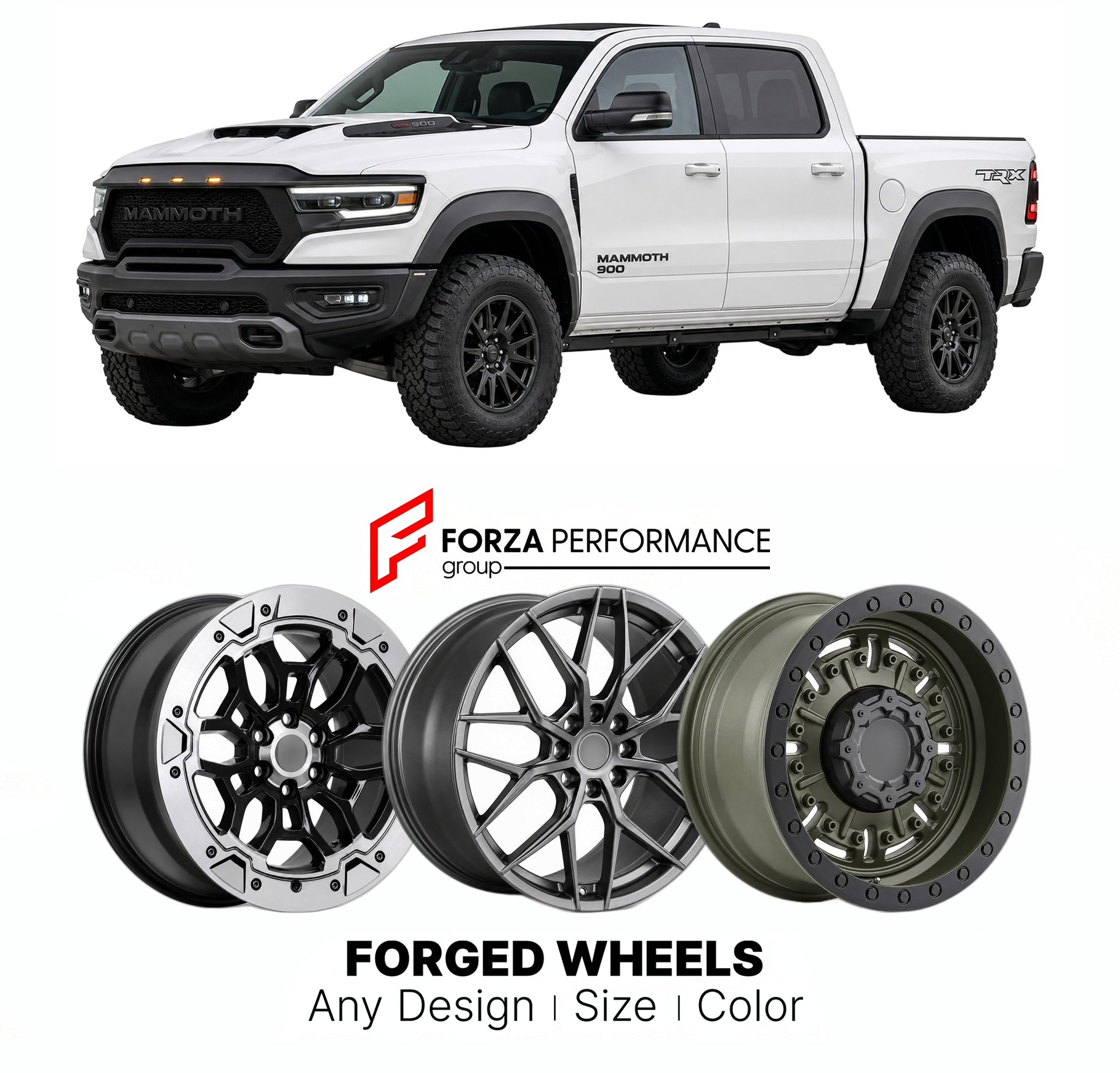 FORGED WHEELS RIMS for HENNESSEY MAMMOTH 900 RAM TRX BASED 2021+

Custom forged wheels for Hennessey Mammoth 900 Ram TRX Based 2021+. Made-to-order monoblock, 2-piece and 3-piece rims in custom sizes, offsets, colors and finishes with guaranteed fitment.

We manufacture premium quality forged wheels rims for Hennessey Mammoth 900 Ram TRX Based 2021+ in any design, size, color.

THIS WHEEL DESIGN CAN BE CUSTOM-MADE FOR YOUR CAR IN ANY SIZE AND COLOR OPTIONS
Available in monoblock, 2-piece, 3-piece, duoblock,