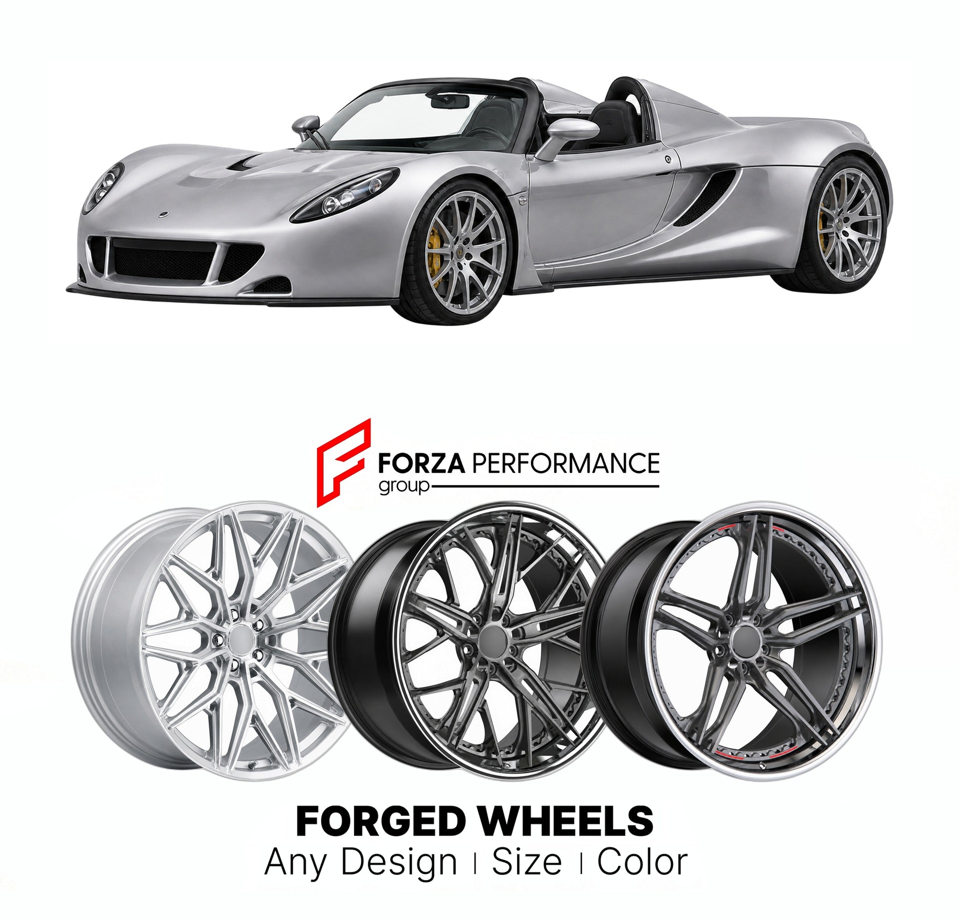 FORGED WHEELS RIMS for HENNESSEY VENOM GT SPYDER 2011 - 2017

Custom forged wheels for Hennessey Venom GT Spyder 2011 - 2017. Made-to-order monoblock, 2-piece and 3-piece rims in custom sizes, offsets, colors and finishes with guaranteed fitment.

We manufacture premium quality forged wheels rims for Hennessey Venom GT Spyder 2011 - 2017 in any design, size, color.

THIS WHEEL DESIGN CAN BE CUSTOM-MADE FOR YOUR CAR IN ANY SIZE AND COLOR OPTIONS
Available in monoblock, 2-piece, 3-piece, duoblock, beadlock
3D
