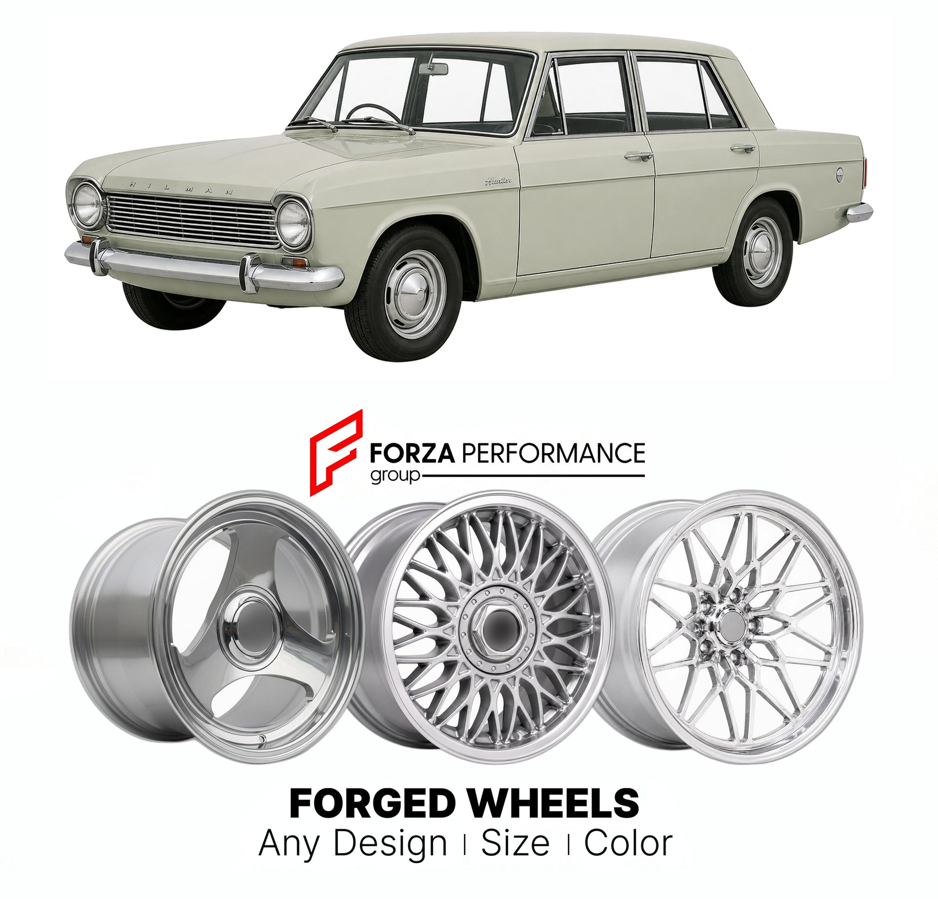 CUSTOM CLASSIC VINTAGE RESTOMOD RETRO OLD SCHOOL FORGED WHEELS RIMS for HILLMAN HUNTER 1966 - 1979

Custom forged wheels for Hillman Hunter 1966 - 1979. Classic, vintage, restomod wheel designs made to order in custom sizes, offsets, colors and finishes.

We manufacture premium quality forged wheels rims for Hillman Hunter 1966 - 1979 in any design, size, color.

THIS WHEEL DESIGN CAN BE CUSTOM-MADE FOR YOUR CAR IN ANY SIZE AND COLOR OPTIONS
Available in monoblock, 2-piece, 3-piece, duoblock, beadlock
3D wh