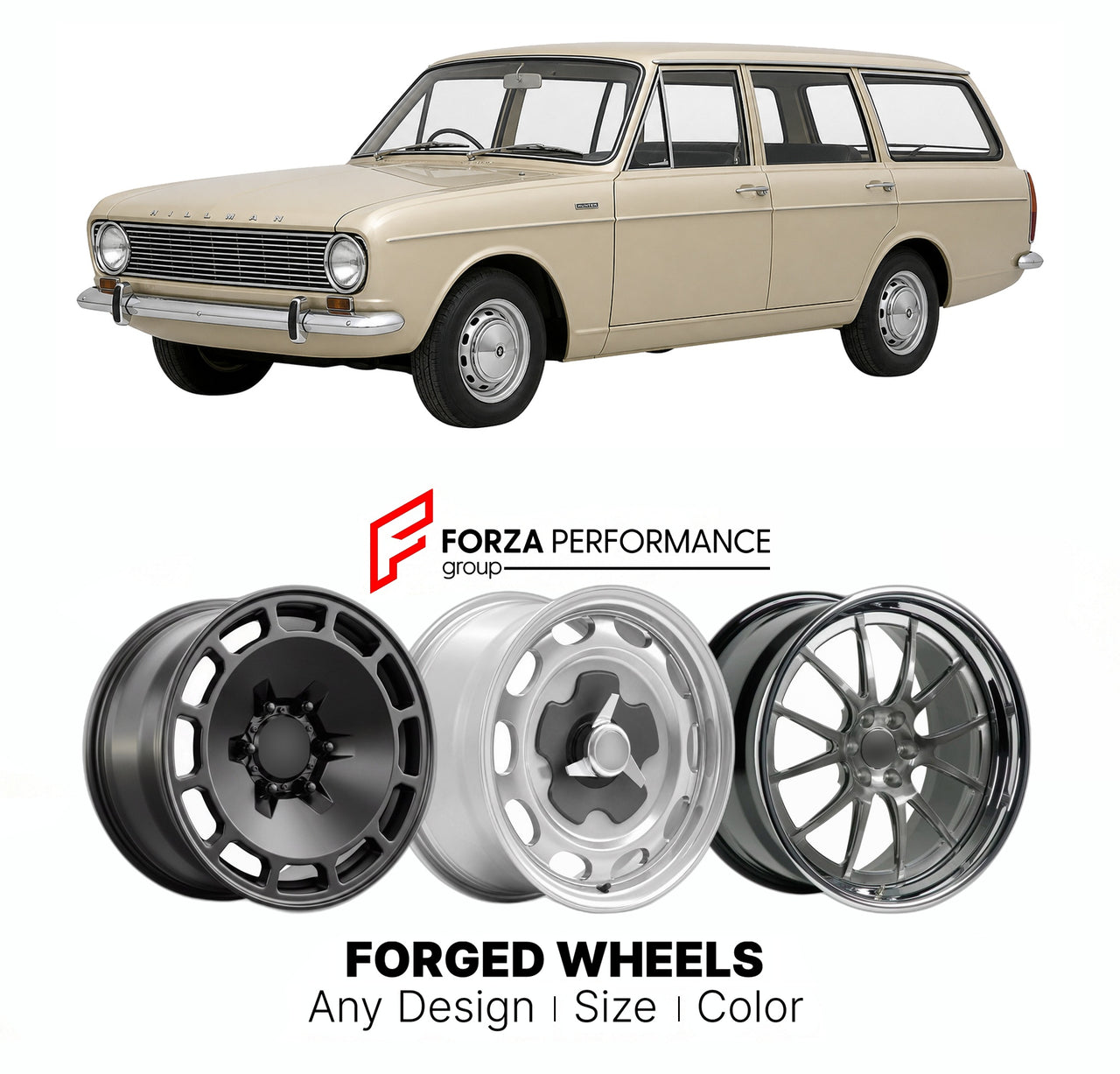 CUSTOM CLASSIC VINTAGE RESTOMOD RETRO OLD SCHOOL FORGED WHEELS RIMS for HILLMAN HUNTER ESTATE 1967 - 1979

Custom forged wheels for Hillman Hunter Estate 1967 - 1979. Classic, vintage, restomod wheel designs made to order in custom sizes, offsets, colors and finishes.

We manufacture premium quality forged wheels rims for Hillman Hunter Estate 1967 - 1979 in any design, size, color.

THIS WHEEL DESIGN CAN BE CUSTOM-MADE FOR YOUR CAR IN ANY SIZE AND COLOR OPTIONS
Available in monoblock, 2-piece, 3-piece, duo