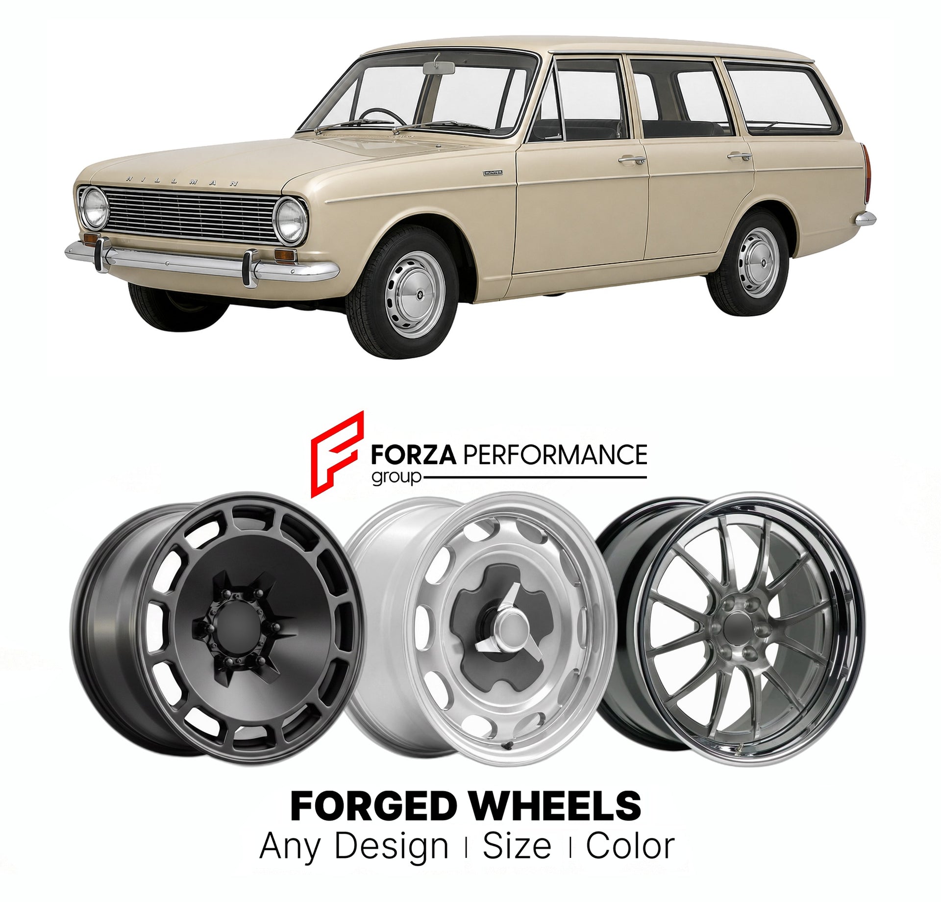 CUSTOM CLASSIC VINTAGE RESTOMOD RETRO OLD SCHOOL FORGED WHEELS RIMS for HILLMAN HUNTER ESTATE 1967 - 1979

Custom forged wheels for Hillman Hunter Estate 1967 - 1979. Classic, vintage, restomod wheel designs made to order in custom sizes, offsets, colors and finishes.

We manufacture premium quality forged wheels rims for Hillman Hunter Estate 1967 - 1979 in any design, size, color.

THIS WHEEL DESIGN CAN BE CUSTOM-MADE FOR YOUR CAR IN ANY SIZE AND COLOR OPTIONS
Available in monoblock, 2-piece, 3-piece, duo