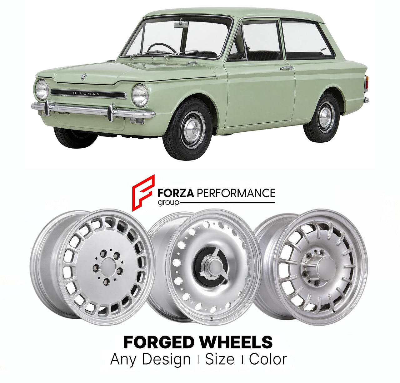 CUSTOM CLASSIC VINTAGE RESTOMOD RETRO OLD SCHOOL FORGED WHEELS RIMS for HILLMAN IMP 1963 - 1976

Custom forged wheels for Hillman Imp 1963 - 1976. Classic, vintage, restomod wheel designs made to order in custom sizes, offsets, colors and finishes.

We manufacture premium quality forged wheels rims for Hillman Imp 1963 - 1976 in any design, size, color.

THIS WHEEL DESIGN CAN BE CUSTOM-MADE FOR YOUR CAR IN ANY SIZE AND COLOR OPTIONS
Available in monoblock, 2-piece, 3-piece, duoblock, beadlock
3D wheel rende