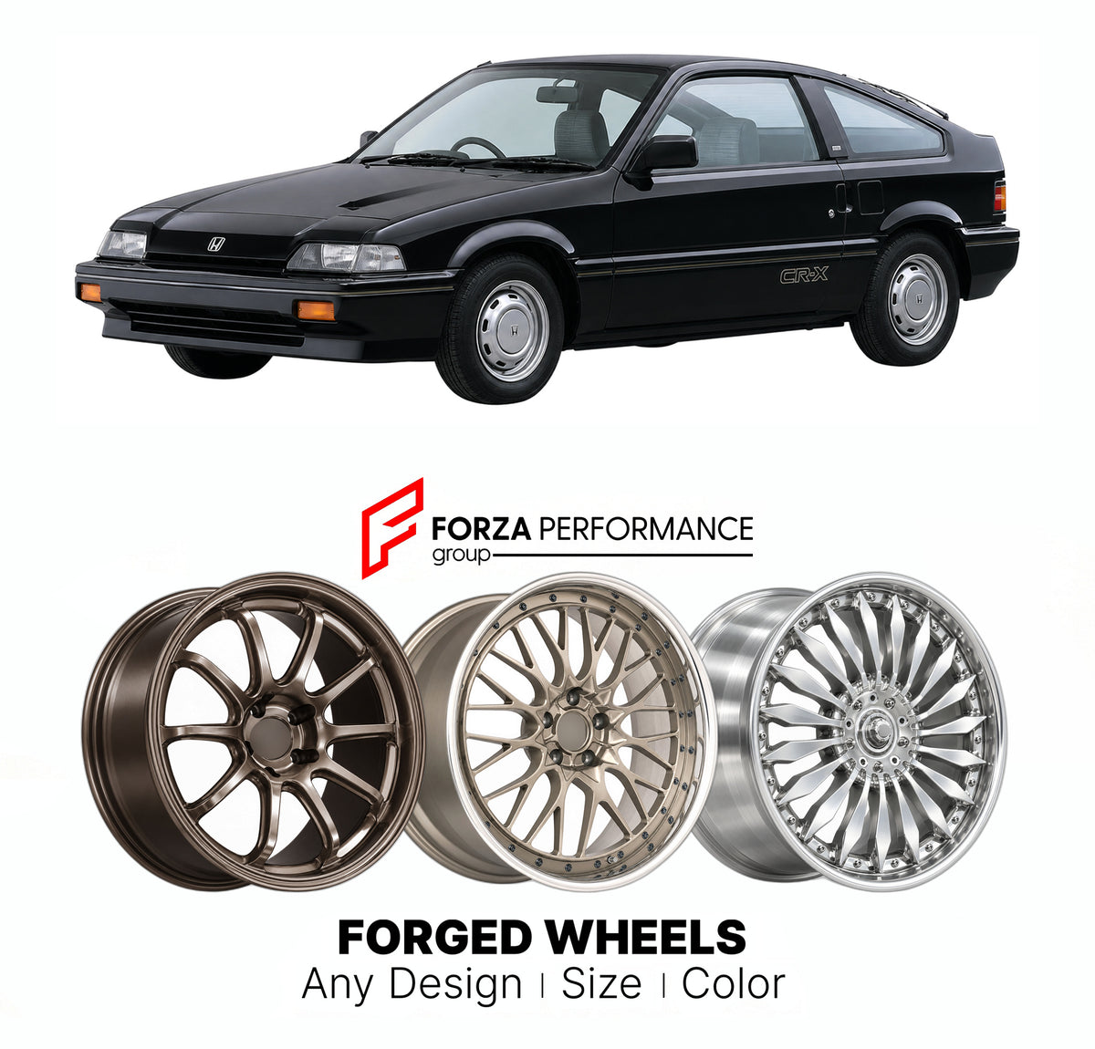 CUSTOM CLASSIC VINTAGE RESTOMOD RETRO OLD SCHOOL FORGED WHEELS RIMS for HONDA CR-X AF AS 1983 - 1987

Custom forged wheels for Honda CR-X AF AS 1983 - 1987. Classic, vintage, restomod and retro JDM wheel designs made to order in custom sizes, offsets, colors and finishes with guaranteed fitment.

We manufacture premium quality forged wheels rims for Honda CR-X AF AS 1983 - 1987 in any design, size, color.

JDM WHEEL DESIGNS: our Japanese collection for sports cars and coupes includes designs inspired by Ray