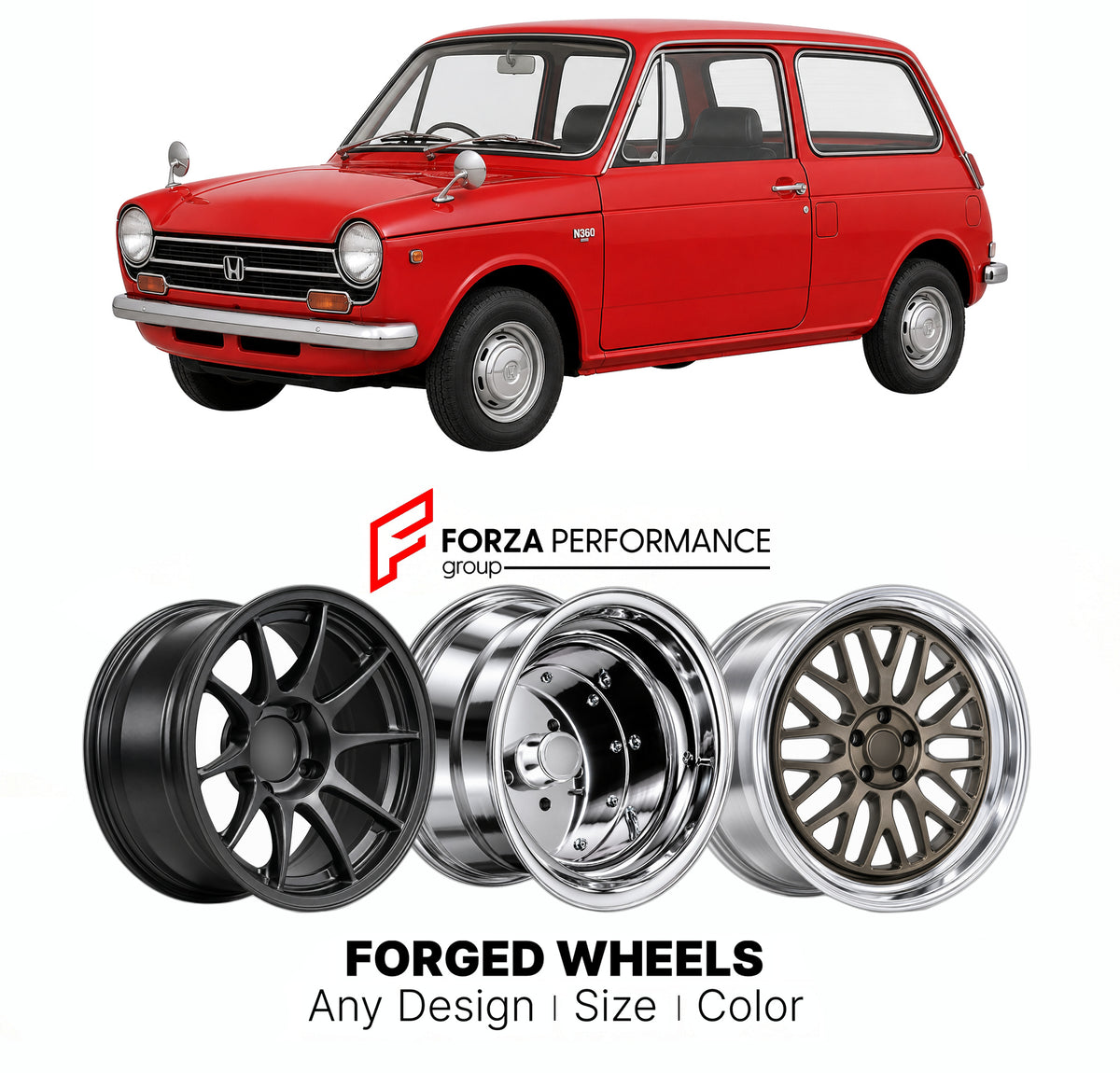 CUSTOM CLASSIC VINTAGE RESTOMOD RETRO OLD SCHOOL FORGED WHEELS RIMS for HONDA N360 N600 1967 - 1972

Custom forged wheels for Honda N360 N600 1967 - 1972. Classic, vintage, restomod and retro JDM wheel designs made to order in custom sizes, offsets, colors and finishes with guaranteed fitment.

We manufacture premium quality forged wheels rims for Honda N360 N600 1967 - 1972 in any design, size, color.

JDM WHEEL DESIGNS: our Japanese collection for hatchbacks, kei cars and MPVs includes designs inspired by