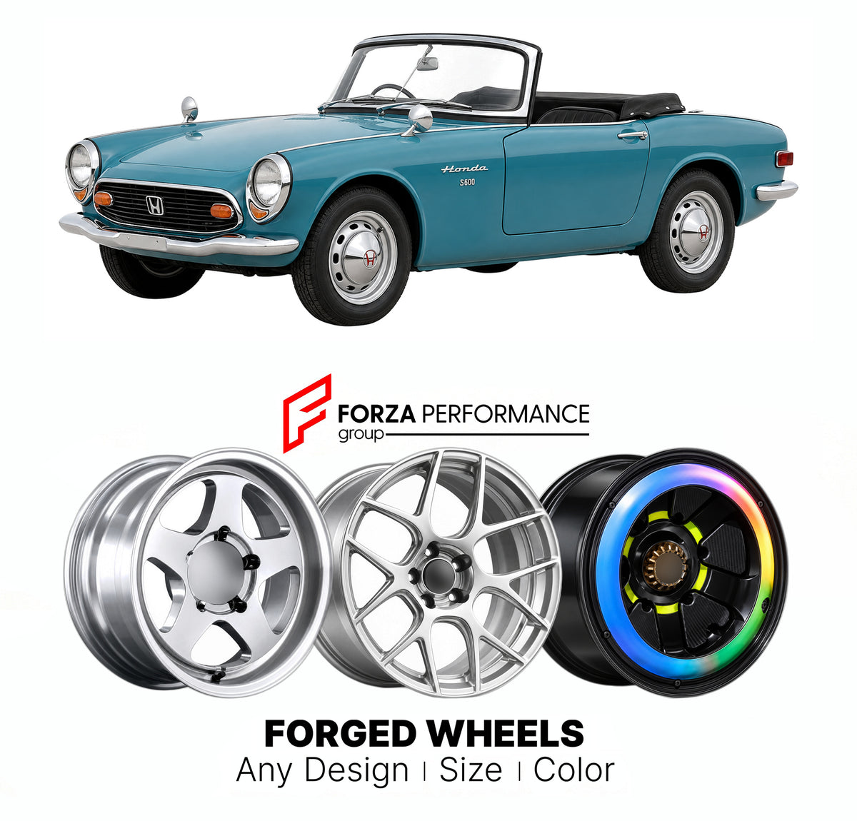 CUSTOM CLASSIC VINTAGE RESTOMOD RETRO OLD SCHOOL FORGED WHEELS RIMS for HONDA S600 AS285 1964 - 1966

Custom forged wheels for Honda S600 AS285 1964 - 1966. Classic, vintage, restomod and retro JDM wheel designs made to order in custom sizes, offsets, colors and finishes with guaranteed fitment.

We manufacture premium quality forged wheels rims for Honda S600 AS285 1964 - 1966 in any design, size, color.

JDM WHEEL DESIGNS: our Japanese collection for sports cars and coupes includes designs inspired by Ray