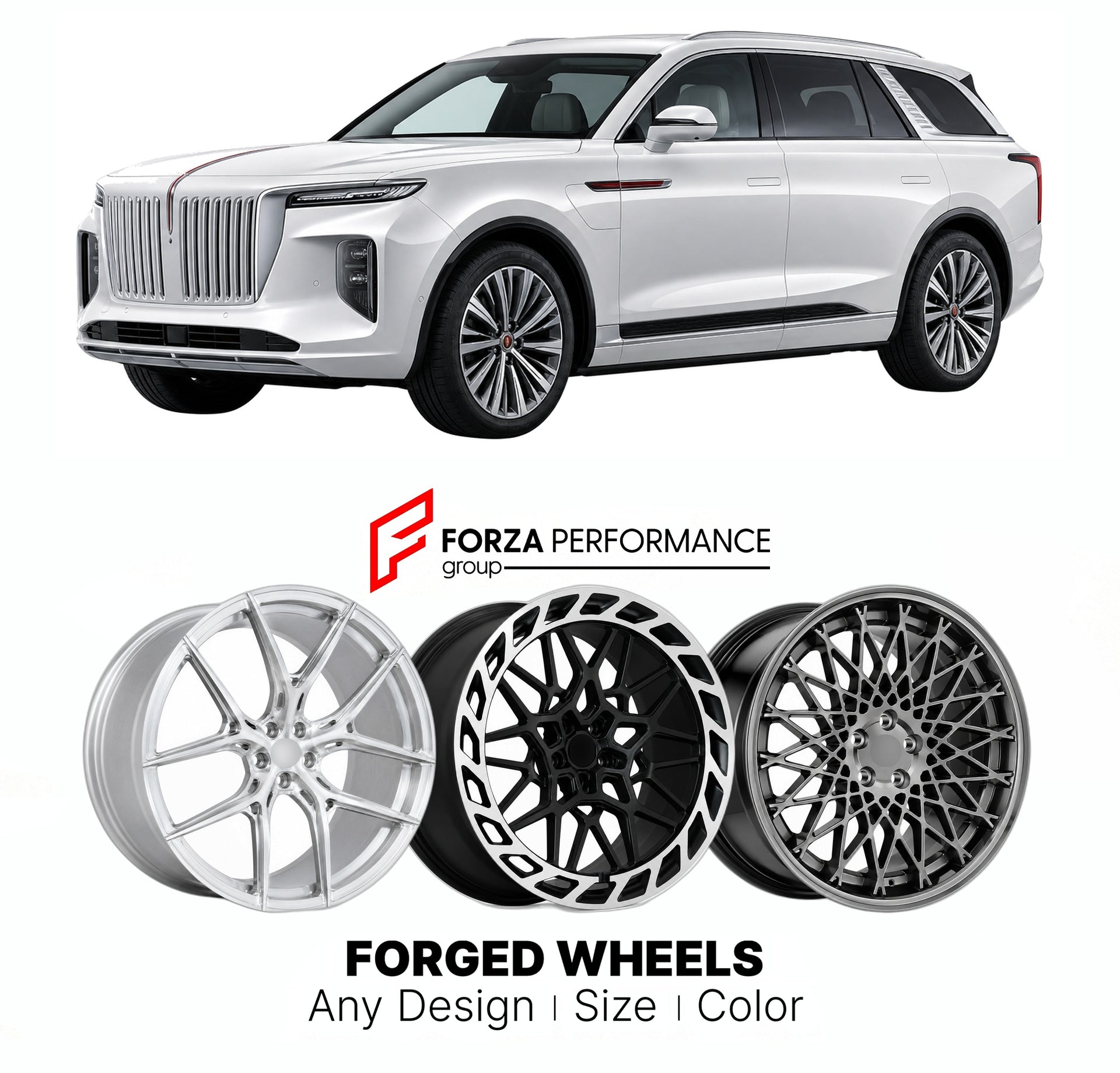 Custom forged wheels for Hongqi E-HS9 2020+. Made-to-order monoblock, 2-piece and 3-piece wheels in custom sizes, offsets, colors and finishes with guaranteed vehicle fitment.

We manufacture premium quality forged wheels rims for Hongqi E-HS9 2020+ in any design, size, color.

THIS WHEEL DESIGN CAN BE CUSTOM-MADE FOR YOUR CAR IN ANY SIZE AND COLOR OPTIONS
Available in monoblock, 2-piece, 3-piece, duoblock, beadlock
3D wheel renderings are provided according to the exact dimensions and specifications reques