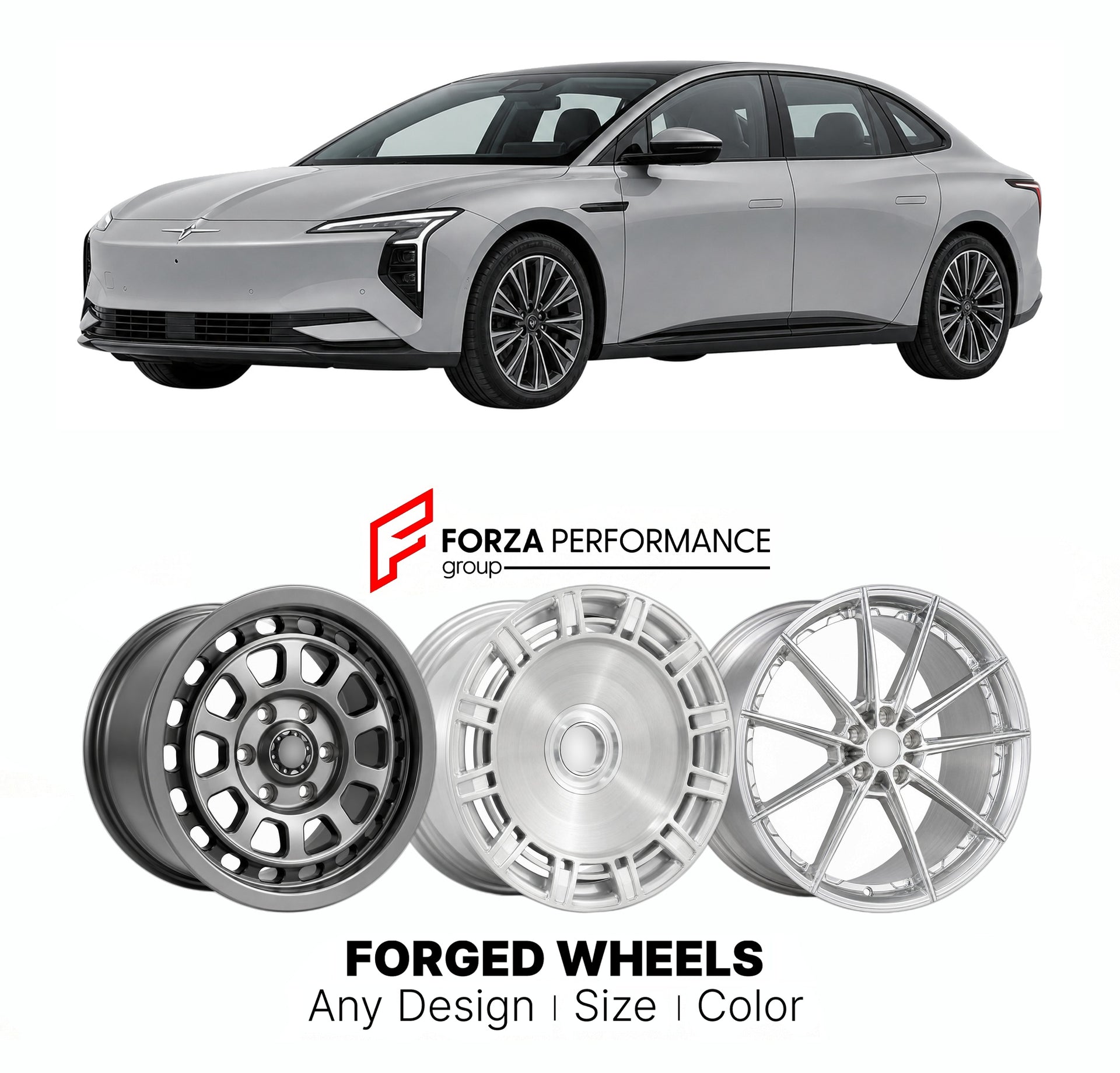 Custom forged wheels for Hongqi EH7 2024+. Made-to-order monoblock, 2-piece and 3-piece wheels in custom sizes, offsets, colors and finishes with guaranteed vehicle fitment.

We manufacture premium quality forged wheels rims for Hongqi EH7 2024+ in any design, size, color.

THIS WHEEL DESIGN CAN BE CUSTOM-MADE FOR YOUR CAR IN ANY SIZE AND COLOR OPTIONS
Available in monoblock, 2-piece, 3-piece, duoblock, beadlock
3D wheel renderings are provided according to the exact dimensions and specifications requested 