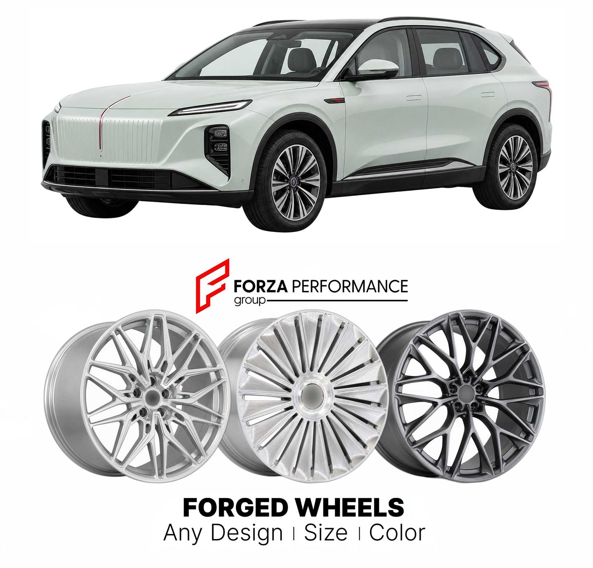 Custom forged wheels for Hongqi EHS7 2024+. Made-to-order monoblock, 2-piece and 3-piece wheels in custom sizes, offsets, colors and finishes with guaranteed vehicle fitment.

We manufacture premium quality forged wheels rims for Hongqi EHS7 2024+ in any design, size, color.

THIS WHEEL DESIGN CAN BE CUSTOM-MADE FOR YOUR CAR IN ANY SIZE AND COLOR OPTIONS
Available in monoblock, 2-piece, 3-piece, duoblock, beadlock
3D wheel renderings are provided according to the exact dimensions and specifications requeste