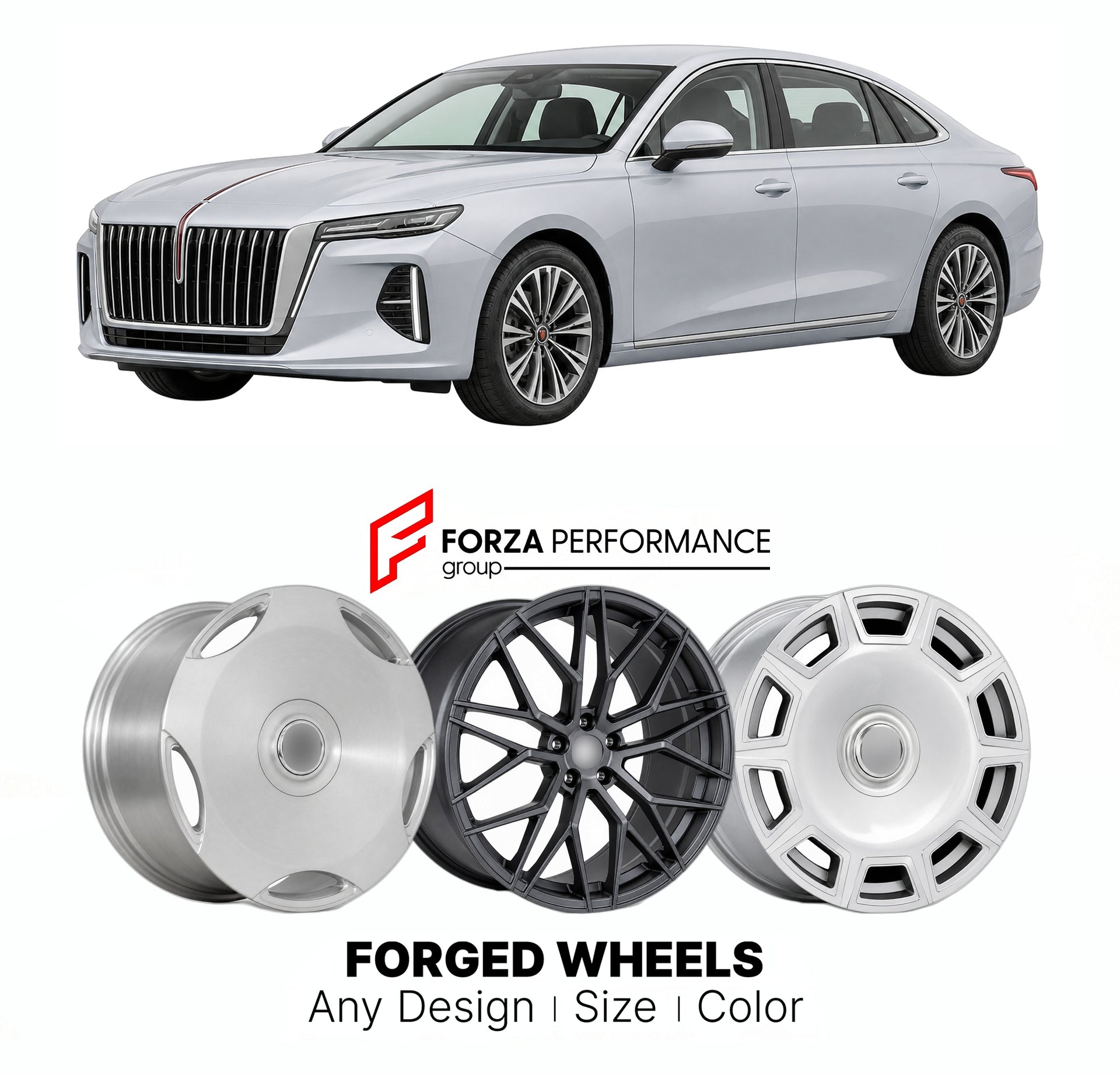 Custom forged wheels for Hongqi FAW H6 2023+. Made-to-order monoblock, 2-piece and 3-piece wheels in custom sizes, offsets, colors and finishes with guaranteed vehicle fitment.

We manufacture premium quality forged wheels rims for Hongqi FAW H6 2023+ in any design, size, color.

THIS WHEEL DESIGN CAN BE CUSTOM-MADE FOR YOUR CAR IN ANY SIZE AND COLOR OPTIONS
Available in monoblock, 2-piece, 3-piece, duoblock, beadlock
3D wheel renderings are provided according to the exact dimensions and specifications requ