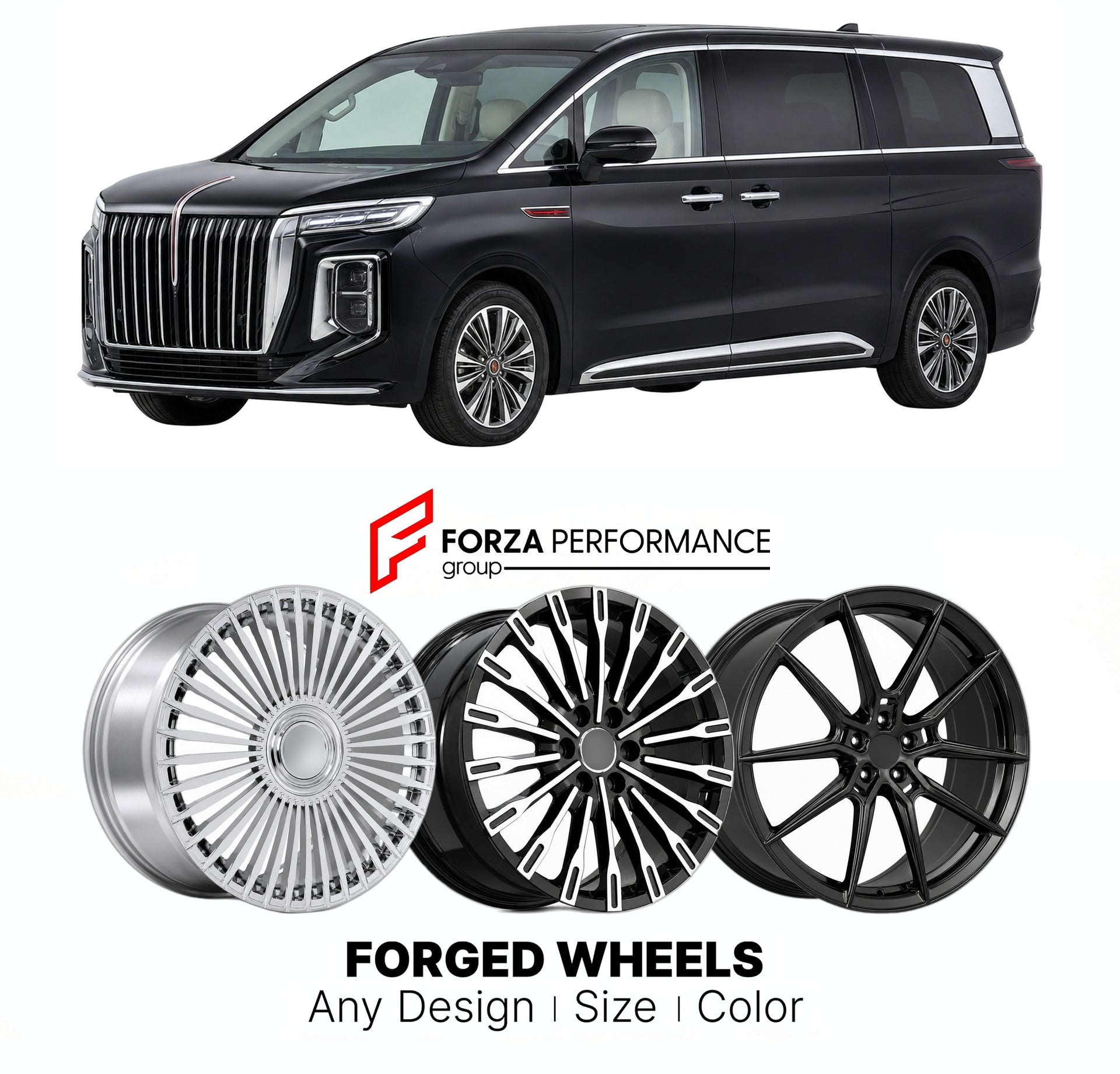Custom forged wheels for Hongqi FAW HQ9 2022+. Made-to-order monoblock, 2-piece and 3-piece wheels in custom sizes, offsets, colors and finishes with guaranteed vehicle fitment.

We manufacture premium quality forged wheels rims for Hongqi FAW HQ9 2022+ in any design, size, color.

THIS WHEEL DESIGN CAN BE CUSTOM-MADE FOR YOUR CAR IN ANY SIZE AND COLOR OPTIONS
Available in monoblock, 2-piece, 3-piece, duoblock, beadlock
3D wheel renderings are provided according to the exact dimensions and specifications re