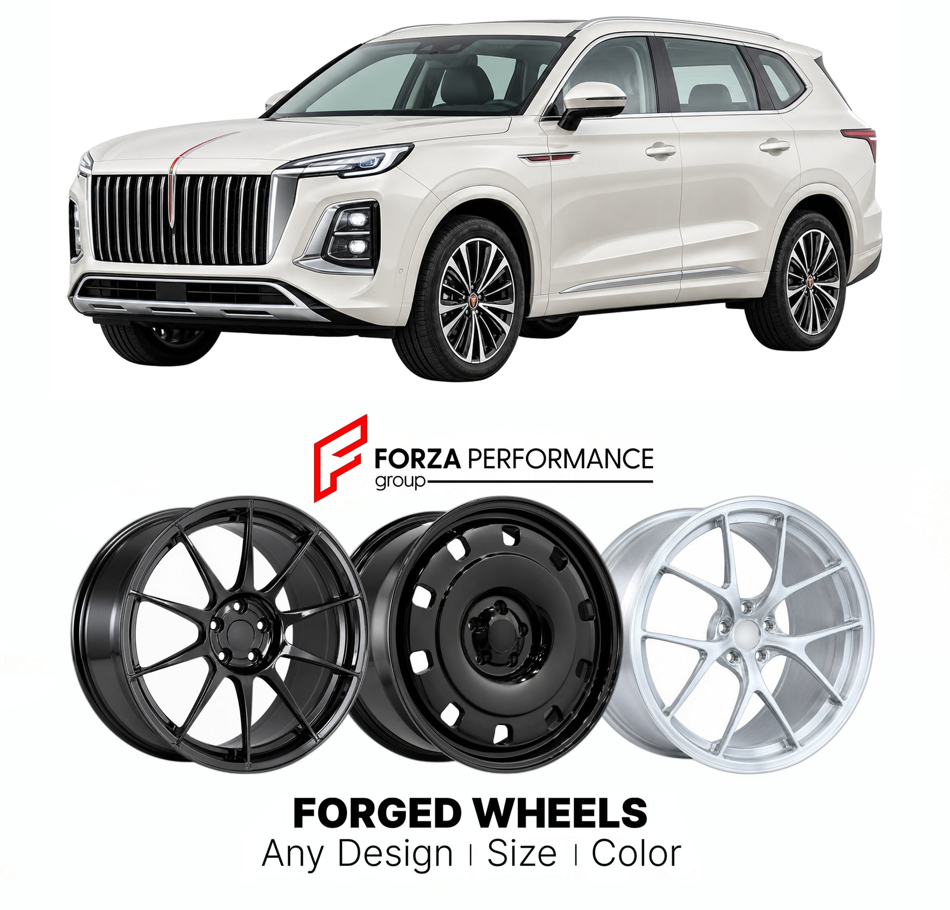 Custom forged wheels for Hongqi FAW HS3 2023+. Made-to-order monoblock, 2-piece and 3-piece wheels in custom sizes, offsets, colors and finishes with guaranteed vehicle fitment.

We manufacture premium quality forged wheels rims for Hongqi FAW HS3 2023+ in any design, size, color.

THIS WHEEL DESIGN CAN BE CUSTOM-MADE FOR YOUR CAR IN ANY SIZE AND COLOR OPTIONS
Available in monoblock, 2-piece, 3-piece, duoblock, beadlock
3D wheel renderings are provided according to the exact dimensions and specifications re