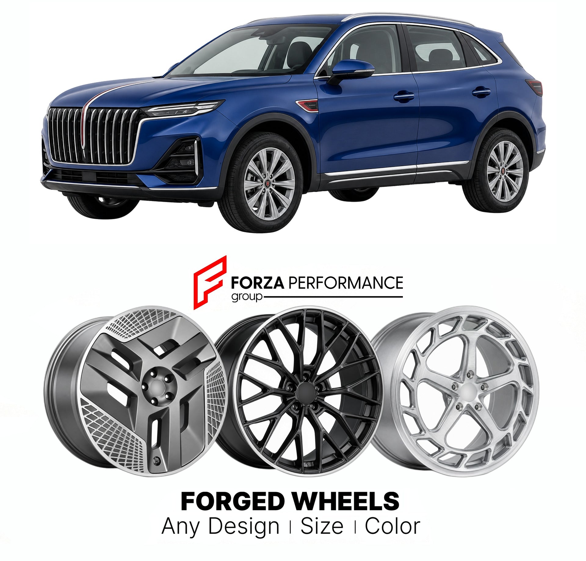 Custom forged wheels for Hongqi FAW HS5 2023+. Made-to-order monoblock, 2-piece and 3-piece wheels in custom sizes, offsets, colors and finishes with guaranteed vehicle fitment.

We manufacture premium quality forged wheels rims for Hongqi FAW HS5 2023+ in any design, size, color.

THIS WHEEL DESIGN CAN BE CUSTOM-MADE FOR YOUR CAR IN ANY SIZE AND COLOR OPTIONS
Available in monoblock, 2-piece, 3-piece, duoblock, beadlock
3D wheel renderings are provided according to the exact dimensions and specifications re