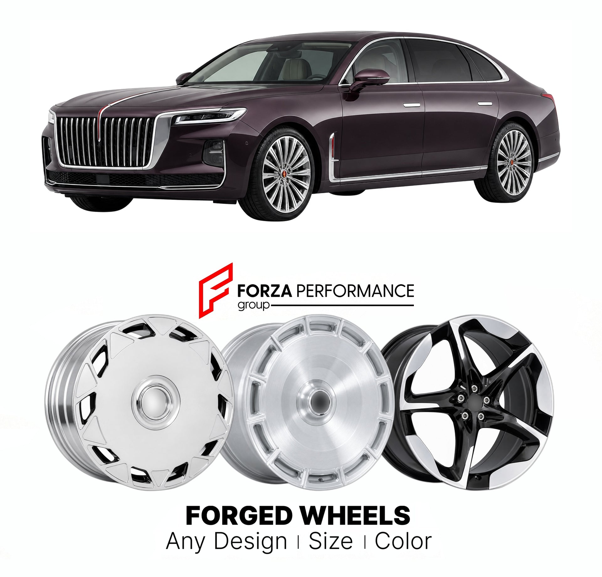 Custom forged wheels for Hongqi H9 2020+. Made-to-order monoblock, 2-piece and 3-piece wheels in custom sizes, offsets, colors and finishes with guaranteed vehicle fitment.

We manufacture premium quality forged wheels rims for Hongqi H9 2020+ in any design, size, color.

THIS WHEEL DESIGN CAN BE CUSTOM-MADE FOR YOUR CAR IN ANY SIZE AND COLOR OPTIONS
Available in monoblock, 2-piece, 3-piece, duoblock, beadlock
3D wheel renderings are provided according to the exact dimensions and specifications requested by