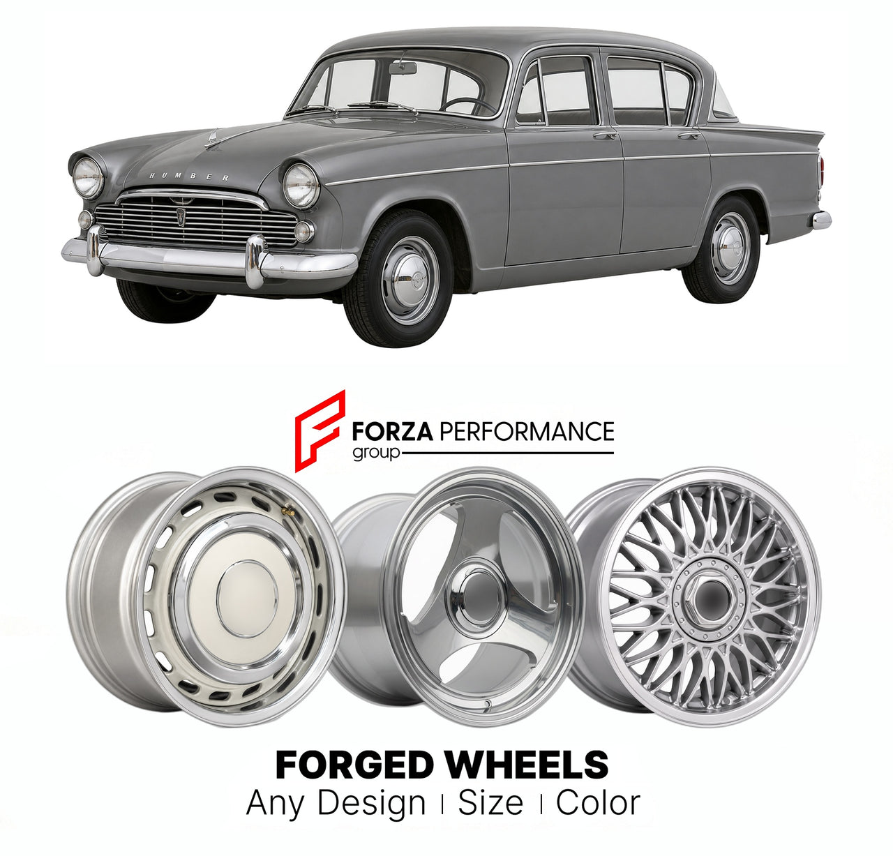 CUSTOM CLASSIC VINTAGE RESTOMOD RETRO OLD SCHOOL FORGED WHEELS RIMS for HUMBER HAWK POST SERIES I-IV 1945 - 1967

Custom forged wheels for Humber Hawk Post Series I-IV 1945 - 1967. Classic, vintage, restomod wheel designs made to order in custom sizes, offsets, colors and finishes.

We manufacture premium quality forged wheels rims for Humber Hawk Post Series I-IV 1945 - 1967 in any design, size, color.

THIS WHEEL DESIGN CAN BE CUSTOM-MADE FOR YOUR CAR IN ANY SIZE AND COLOR OPTIONS
Available in monoblock, 