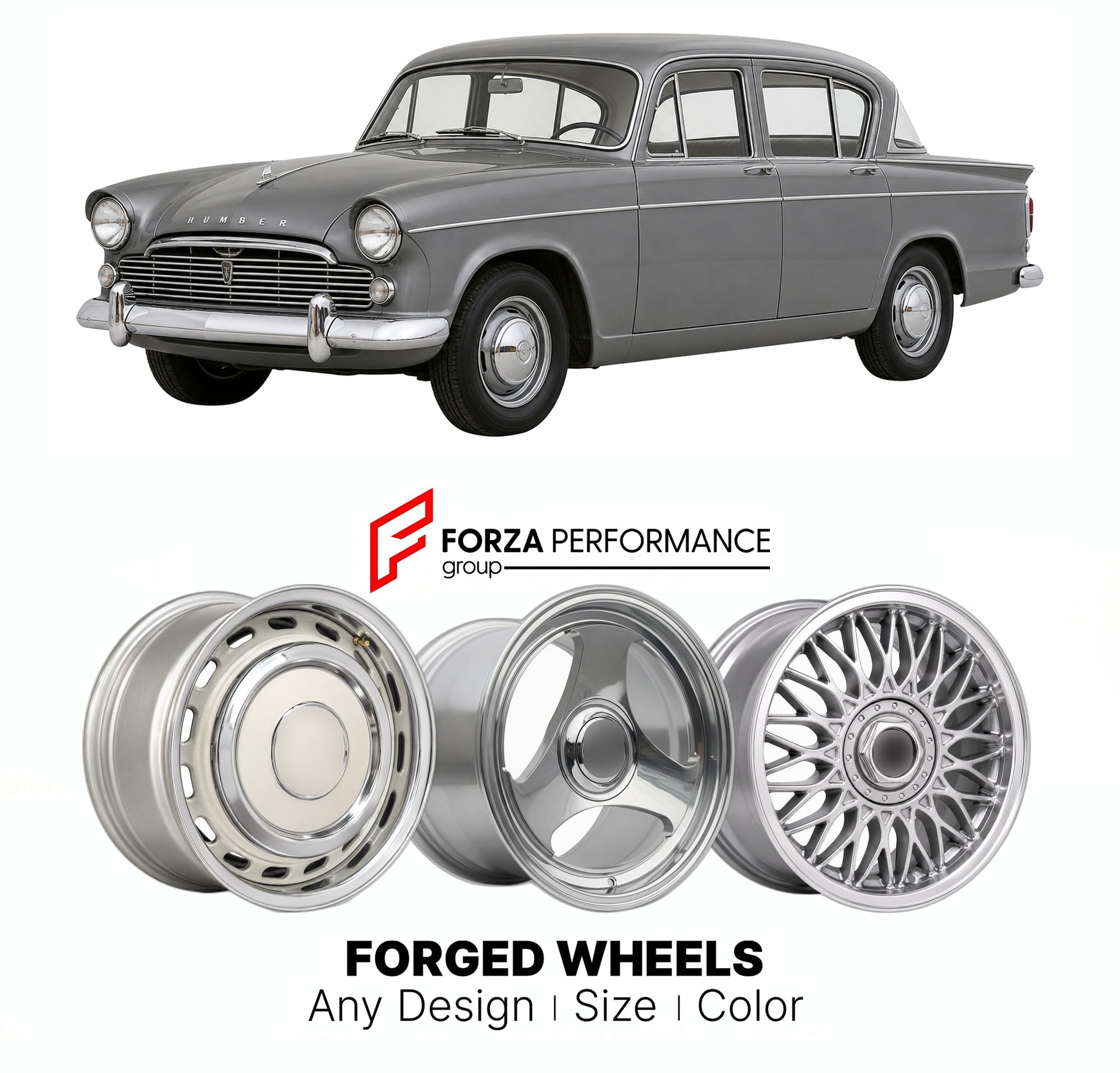 CUSTOM CLASSIC VINTAGE RESTOMOD RETRO OLD SCHOOL FORGED WHEELS RIMS for HUMBER HAWK POST SERIES I-IV 1945 - 1967

Custom forged wheels for Humber Hawk Post Series I-IV 1945 - 1967. Classic, vintage, restomod wheel designs made to order in custom sizes, offsets, colors and finishes.

We manufacture premium quality forged wheels rims for Humber Hawk Post Series I-IV 1945 - 1967 in any design, size, color.

THIS WHEEL DESIGN CAN BE CUSTOM-MADE FOR YOUR CAR IN ANY SIZE AND COLOR OPTIONS
Available in monoblock, 