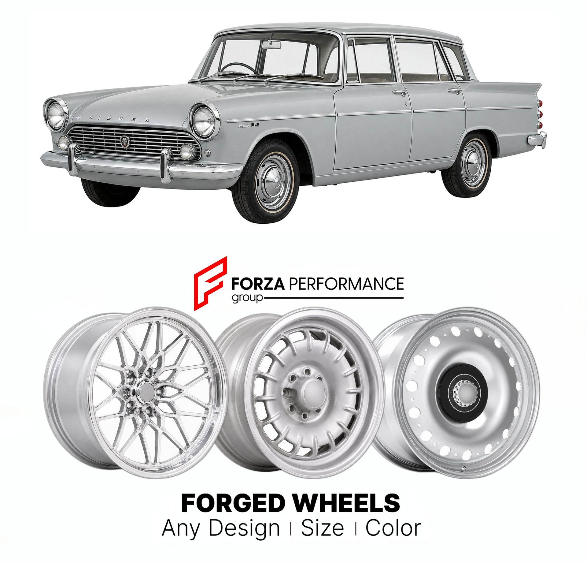 CUSTOM CLASSIC VINTAGE RESTOMOD RETRO OLD SCHOOL FORGED WHEELS RIMS for HUMBER HAWK SERIES IV 1964 - 1967

Custom forged wheels for Humber Hawk Series IV 1964 - 1967. Classic, vintage, restomod wheel designs made to order in custom sizes, offsets, colors and finishes.

We manufacture premium quality forged wheels rims for Humber Hawk Series IV 1964 - 1967 in any design, size, color.

THIS WHEEL DESIGN CAN BE CUSTOM-MADE FOR YOUR CAR IN ANY SIZE AND COLOR OPTIONS
Available in monoblock, 2-piece, 3-piece, duo