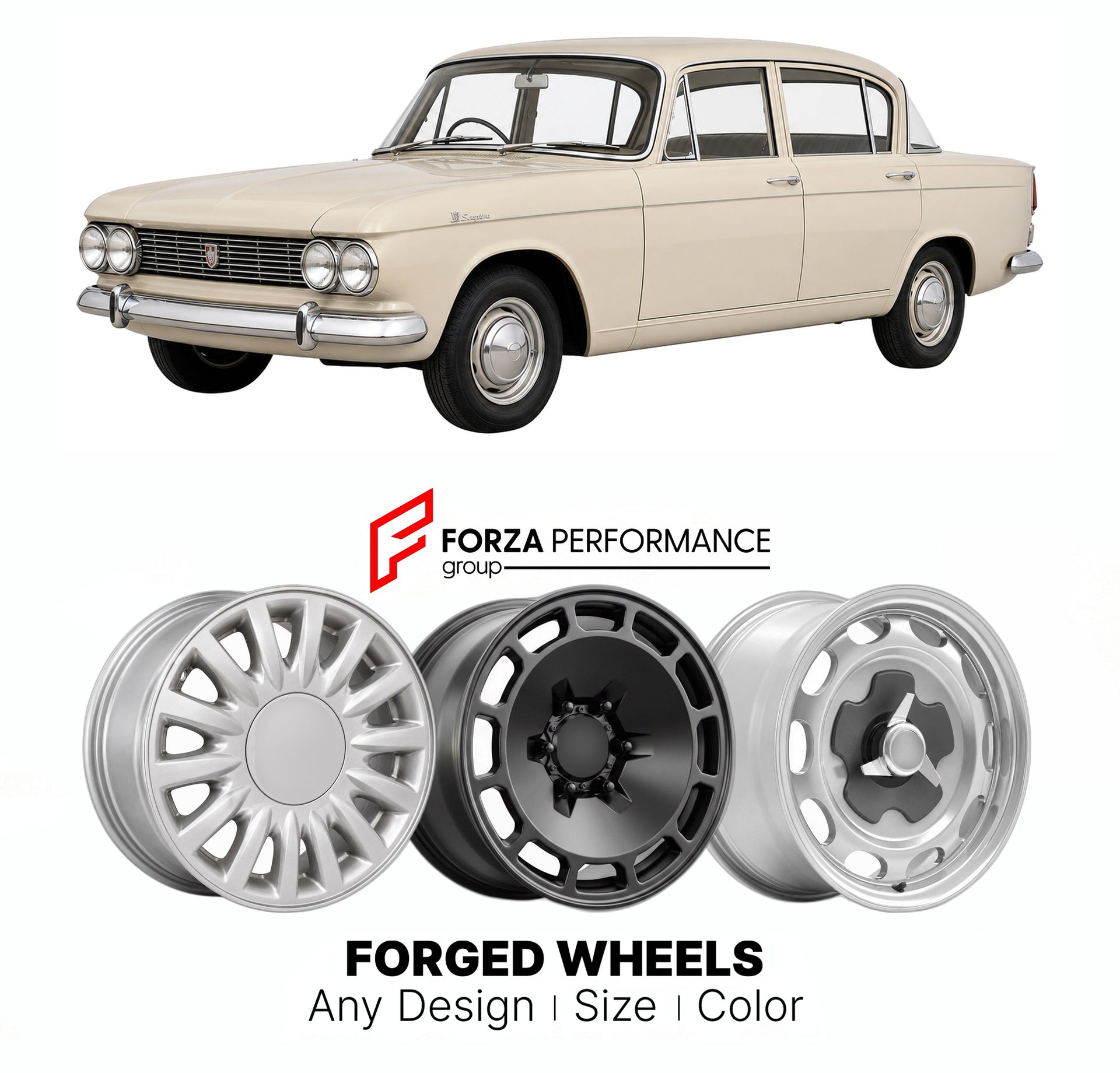 CUSTOM CLASSIC VINTAGE RESTOMOD RETRO OLD SCHOOL FORGED WHEELS RIMS for HUMBER SCEPTRE MK 1 1963 - 1965

Custom forged wheels for Humber Sceptre MK 1 1963 - 1965. Classic, vintage, restomod wheel designs made to order in custom sizes, offsets, colors and finishes.

We manufacture premium quality forged wheels rims for Humber Sceptre MK 1 1963 - 1965 in any design, size, color.

THIS WHEEL DESIGN CAN BE CUSTOM-MADE FOR YOUR CAR IN ANY SIZE AND COLOR OPTIONS
Available in monoblock, 2-piece, 3-piece, duoblock,