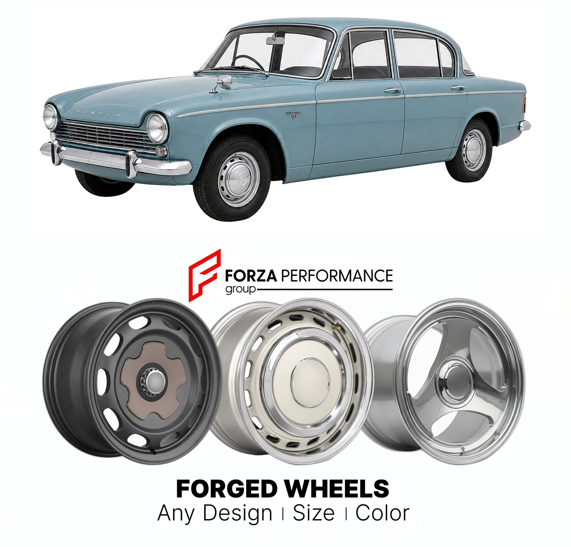 CUSTOM CLASSIC VINTAGE RESTOMOD RETRO OLD SCHOOL FORGED WHEELS RIMS for HUMBER SCEPTRE SERIES I-III 1963 - 1976

Custom forged wheels for Humber Sceptre Series I-III 1963 - 1976. Classic, vintage, restomod wheel designs made to order in custom sizes, offsets, colors and finishes.

We manufacture premium quality forged wheels rims for Humber Sceptre Series I-III 1963 - 1976 in any design, size, color.

THIS WHEEL DESIGN CAN BE CUSTOM-MADE FOR YOUR CAR IN ANY SIZE AND COLOR OPTIONS
Available in monoblock, 2-p