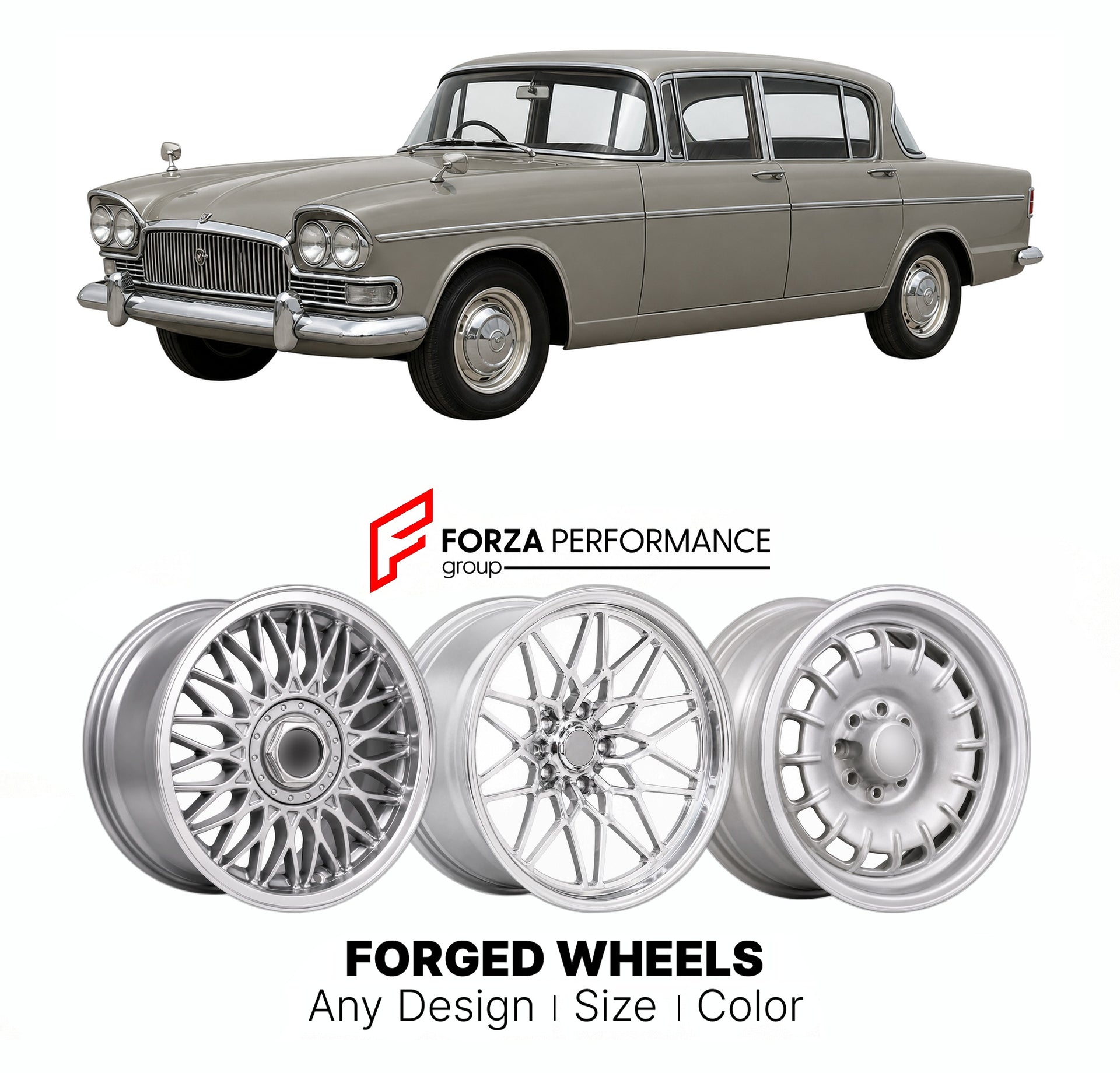 CUSTOM CLASSIC VINTAGE RESTOMOD RETRO OLD SCHOOL FORGED WHEELS RIMS for HUMBER SUPER SNIPE SERIES I-V 1958 - 1967

Custom forged wheels for Humber Super Snipe Series I-V 1958 - 1967. Classic, vintage, restomod wheel designs made to order in custom sizes, offsets, colors and finishes.

We manufacture premium quality forged wheels rims for Humber Super Snipe Series I-V 1958 - 1967 in any design, size, color.

THIS WHEEL DESIGN CAN BE CUSTOM-MADE FOR YOUR CAR IN ANY SIZE AND COLOR OPTIONS
Available in monobloc