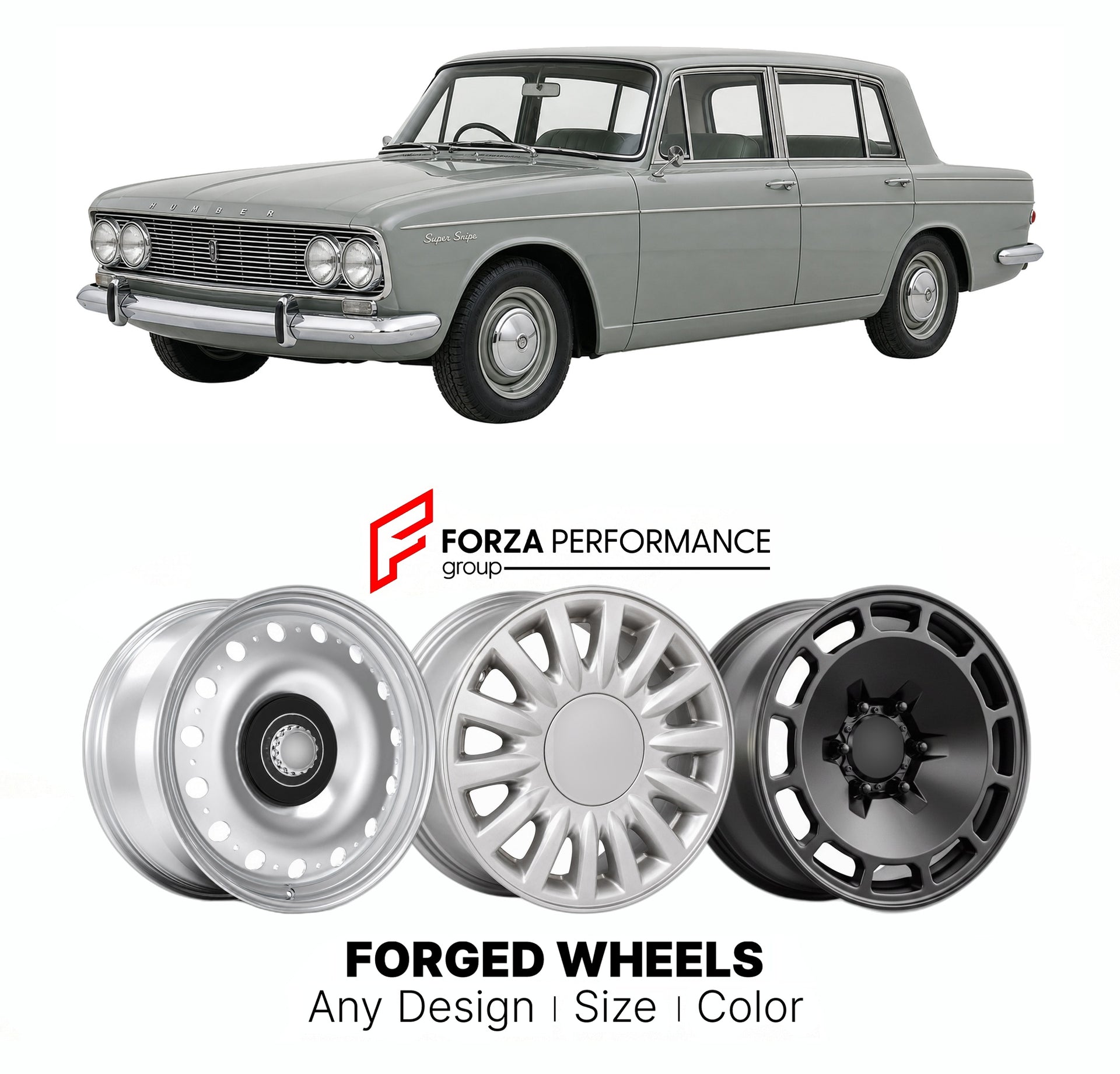 CUSTOM CLASSIC VINTAGE RESTOMOD RETRO OLD SCHOOL FORGED WHEELS RIMS for HUMBER SUPER SNIPE SERIES V 1964 - 1967

Custom forged wheels for Humber Super Snipe Series V 1964 - 1967. Classic, vintage, restomod wheel designs made to order in custom sizes, offsets, colors and finishes.

We manufacture premium quality forged wheels rims for Humber Super Snipe Series V 1964 - 1967 in any design, size, color.

THIS WHEEL DESIGN CAN BE CUSTOM-MADE FOR YOUR CAR IN ANY SIZE AND COLOR OPTIONS
Available in monoblock, 2-p