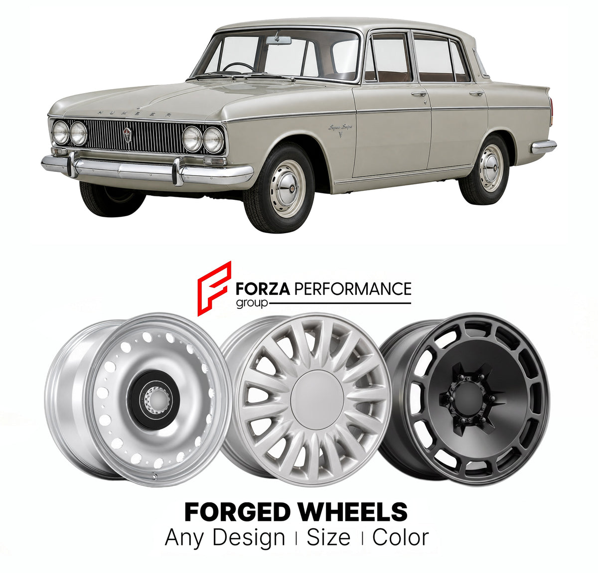 CUSTOM CLASSIC VINTAGE RESTOMOD RETRO OLD SCHOOL FORGED WHEELS RIMS for HUMBER SUPER SNIPE SERIES V 1964 - 1967

Custom forged wheels for Humber Super Snipe Series V 1964 - 1967. Classic, vintage, restomod wheel designs made to order in custom sizes, offsets, colors and finishes.

We manufacture premium quality forged wheels rims for Humber Super Snipe Series V 1964 - 1967 in any design, size, color.

THIS WHEEL DESIGN CAN BE CUSTOM-MADE FOR YOUR CAR IN ANY SIZE AND COLOR OPTIONS
Available in monoblock, 2-p
