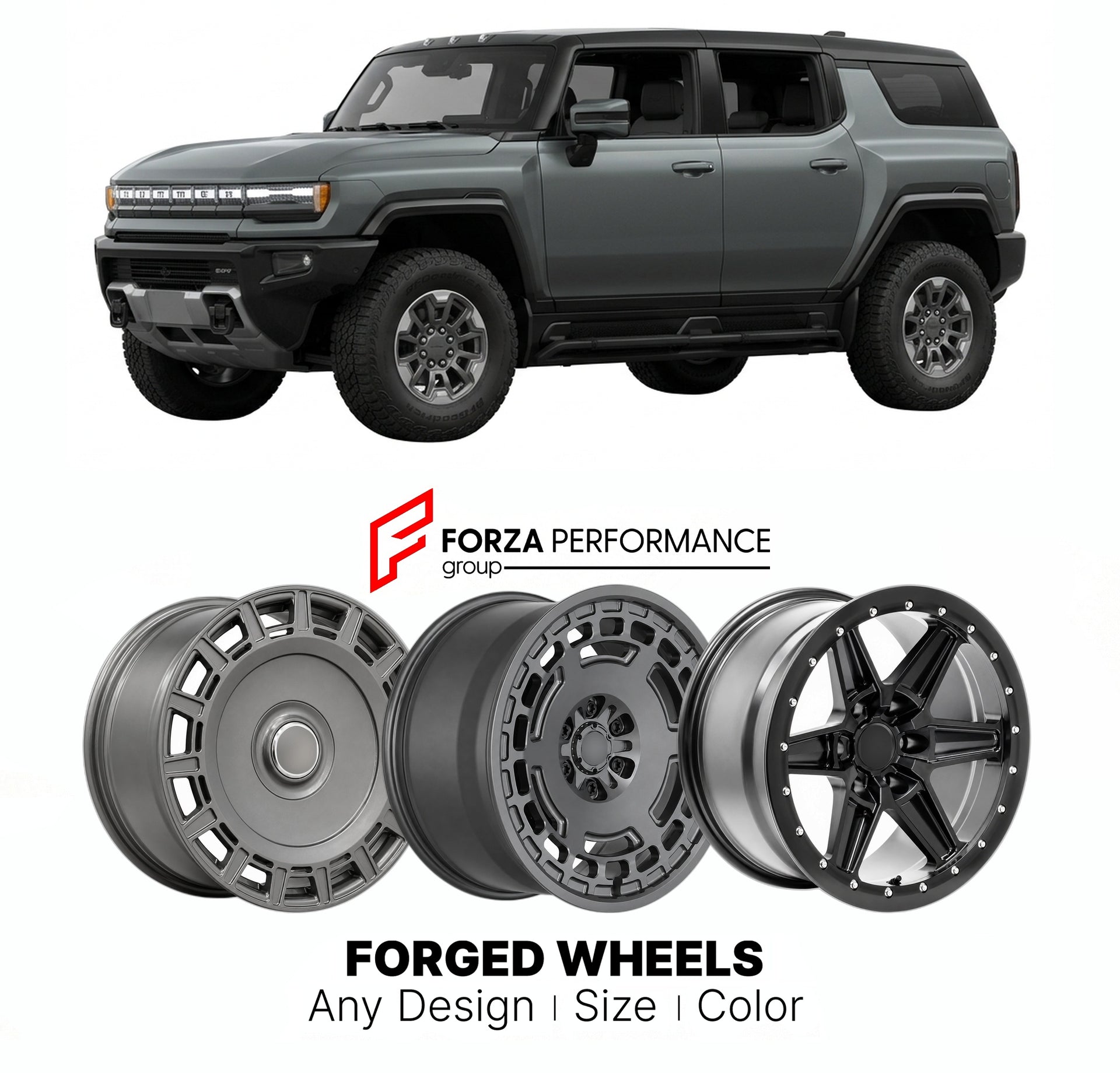 FORGED WHEELS RIMS for HUMMER EV SUV 2023 - 2024

Custom forged wheels for Hummer EV SUV 2023 - 2024. Made-to-order monoblock, 2-piece and 3-piece rims in custom sizes, offsets, colors and finishes with guaranteed fitment.

We manufacture premium quality forged wheels rims for Hummer EV SUV 2023 - 2024 in any design, size, color.

THIS WHEEL DESIGN CAN BE CUSTOM-MADE FOR YOUR CAR IN ANY SIZE AND COLOR OPTIONS
Available in monoblock, 2-piece, 3-piece, duoblock, beadlock
3D wheel renderings are provided accor