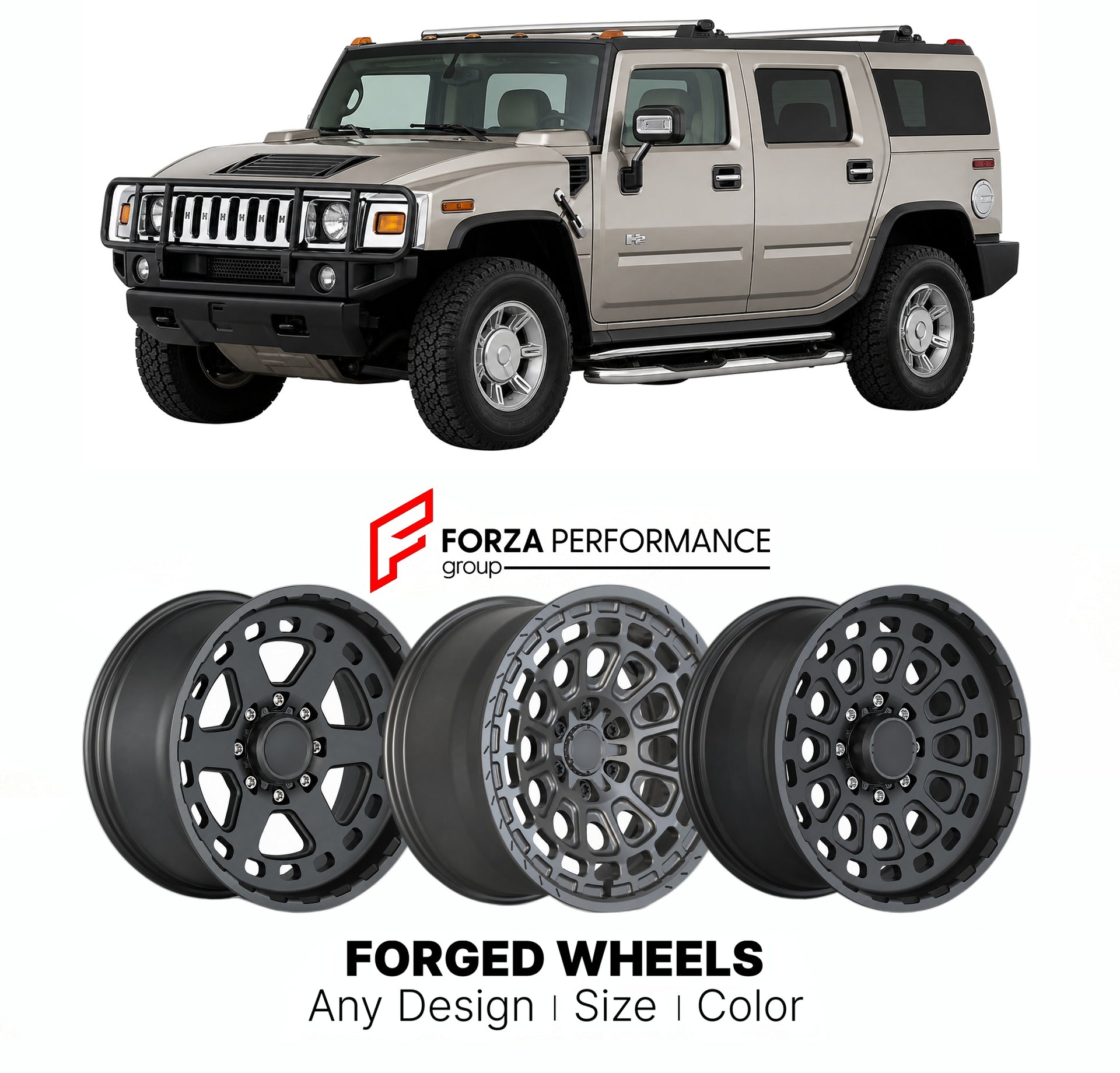FORGED WHEELS RIMS for HUMMER H2 ADVENTURE 2003 - 2009

Custom forged wheels for Hummer H2 Adventure 2003 - 2009. Made-to-order monoblock, 2-piece and 3-piece rims in custom sizes, offsets, colors and finishes with guaranteed fitment.

We manufacture premium quality forged wheels rims for Hummer H2 Adventure 2003 - 2009 in any design, size, color.

THIS WHEEL DESIGN CAN BE CUSTOM-MADE FOR YOUR CAR IN ANY SIZE AND COLOR OPTIONS
Available in monoblock, 2-piece, 3-piece, duoblock, beadlock
3D wheel renderings 