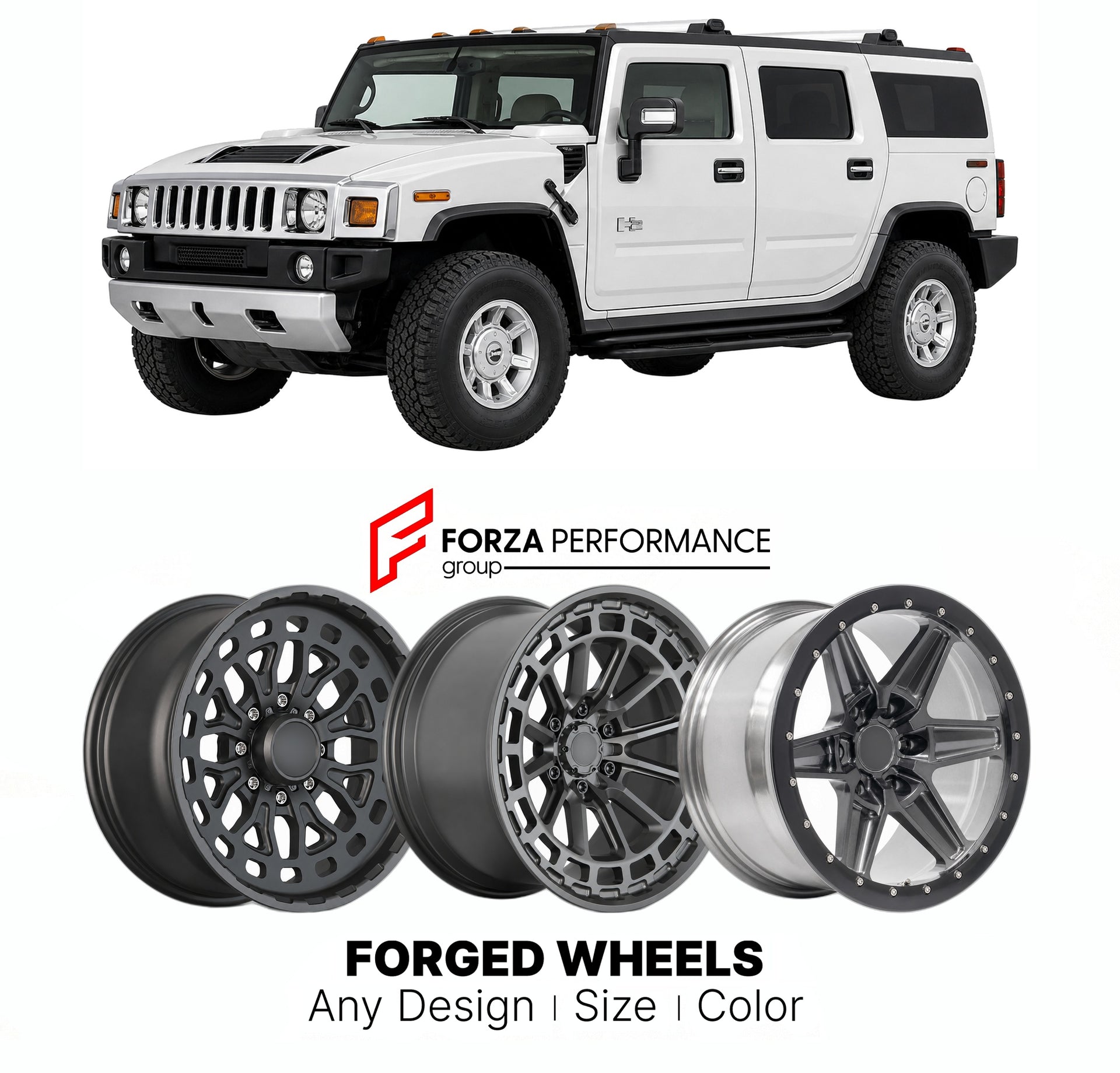FORGED WHEELS RIMS for HUMMER H2 ALPHA 2003 - 2009

Custom forged wheels for Hummer H2 Alpha 2003 - 2009. Made-to-order monoblock, 2-piece and 3-piece rims in custom sizes, offsets, colors and finishes with guaranteed fitment.

We manufacture premium quality forged wheels rims for Hummer H2 Alpha 2003 - 2009 in any design, size, color.

THIS WHEEL DESIGN CAN BE CUSTOM-MADE FOR YOUR CAR IN ANY SIZE AND COLOR OPTIONS
Available in monoblock, 2-piece, 3-piece, duoblock, beadlock
3D wheel renderings are provided
