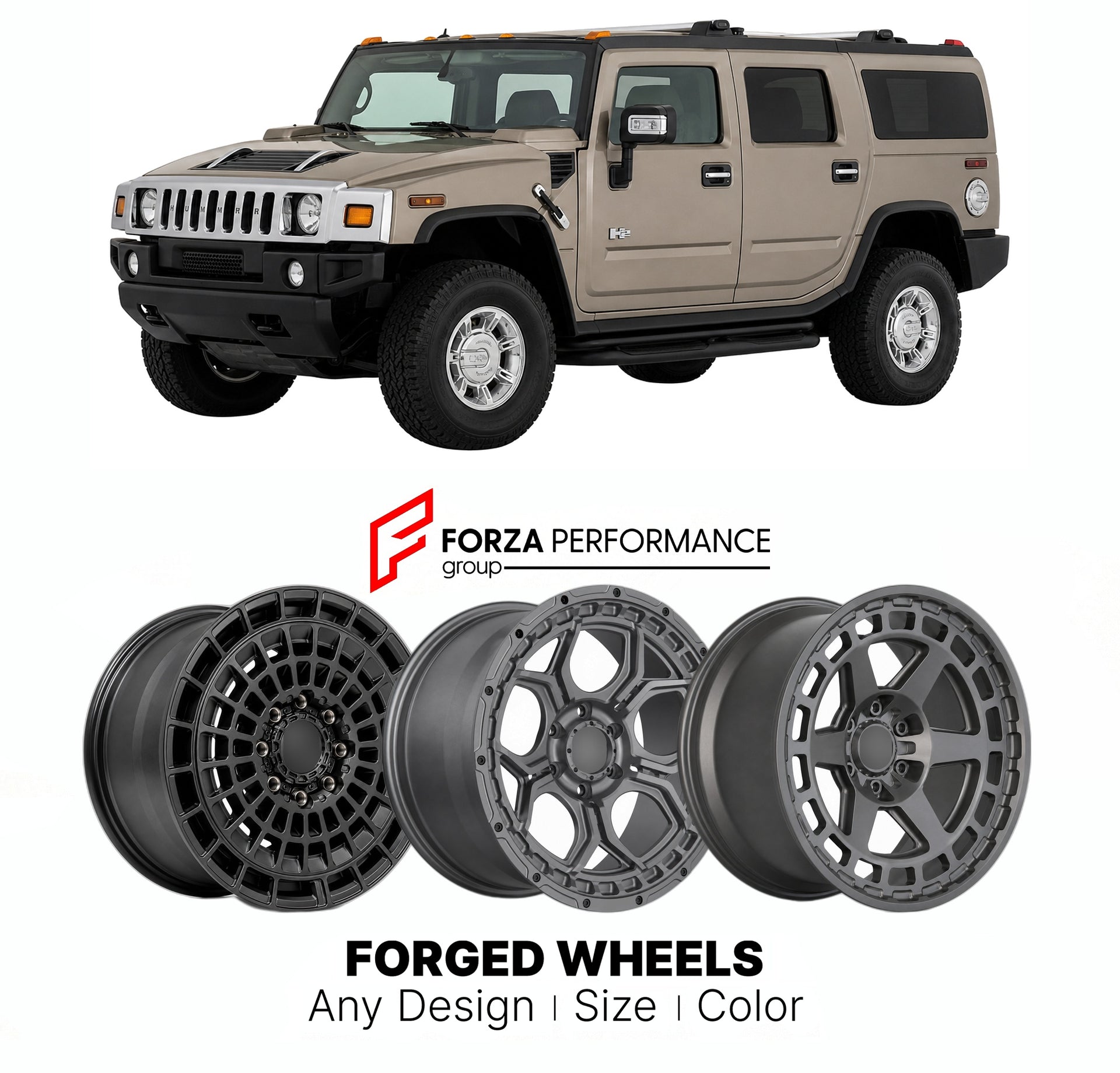 FORGED WHEELS RIMS for HUMMER H2 LUXURY 2003 - 2009

Custom forged wheels for Hummer H2 Luxury 2003 - 2009. Made-to-order monoblock, 2-piece and 3-piece rims in custom sizes, offsets, colors and finishes with guaranteed fitment.

We manufacture premium quality forged wheels rims for Hummer H2 Luxury 2003 - 2009 in any design, size, color.

THIS WHEEL DESIGN CAN BE CUSTOM-MADE FOR YOUR CAR IN ANY SIZE AND COLOR OPTIONS
Available in monoblock, 2-piece, 3-piece, duoblock, beadlock
3D wheel renderings are provi