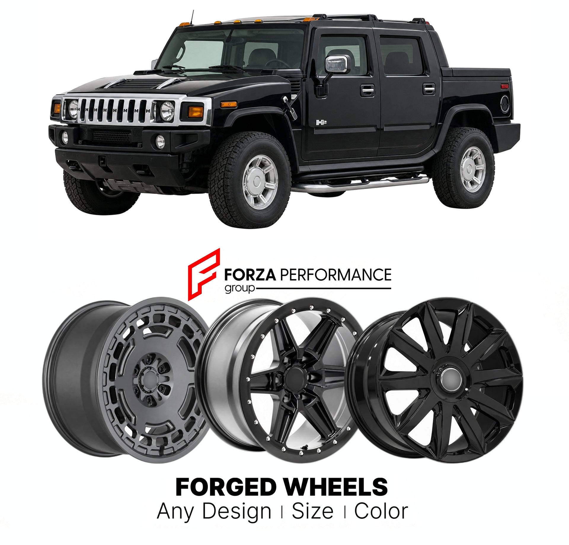 FORGED WHEELS RIMS for HUMMER H2 SUT 2003 - 2009

Custom forged wheels for Hummer H2 SUT 2003 - 2009. Made-to-order monoblock, 2-piece and 3-piece rims in custom sizes, offsets, colors and finishes with guaranteed fitment.

We manufacture premium quality forged wheels rims for Hummer H2 SUT 2003 - 2009 in any design, size, color.

THIS WHEEL DESIGN CAN BE CUSTOM-MADE FOR YOUR CAR IN ANY SIZE AND COLOR OPTIONS
Available in monoblock, 2-piece, 3-piece, duoblock, beadlock
3D wheel renderings are provided accor