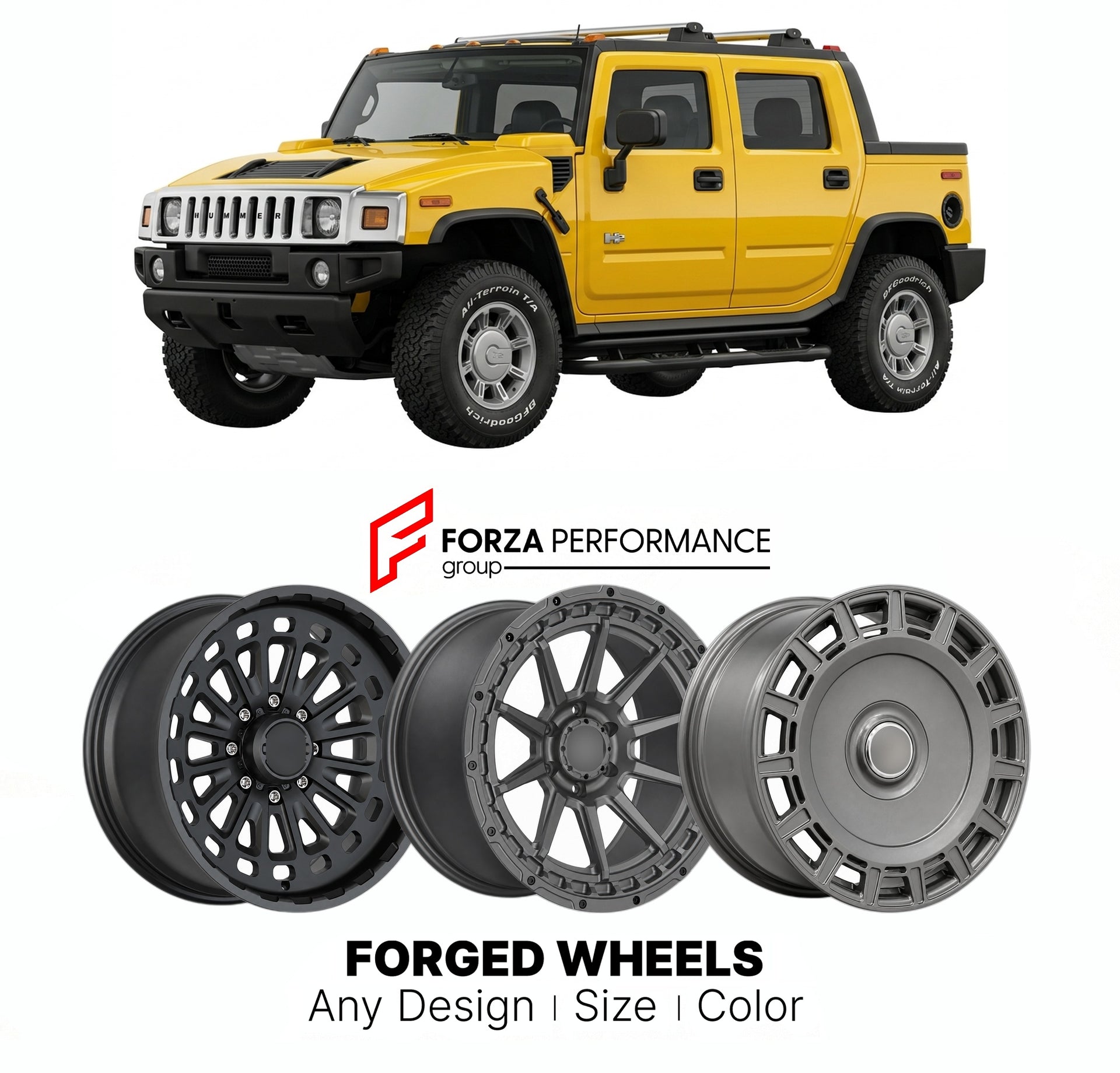 FORGED WHEELS RIMS for HUMMER H2 SUT 2005 - 2009

Custom forged wheels for Hummer H2 SUT 2005 - 2009. Made-to-order monoblock, 2-piece and 3-piece rims in custom sizes, offsets, colors and finishes with guaranteed fitment.

We manufacture premium quality forged wheels rims for Hummer H2 SUT 2005 - 2009 in any design, size, color.

THIS WHEEL DESIGN CAN BE CUSTOM-MADE FOR YOUR CAR IN ANY SIZE AND COLOR OPTIONS
Available in monoblock, 2-piece, 3-piece, duoblock, beadlock
3D wheel renderings are provided accor
