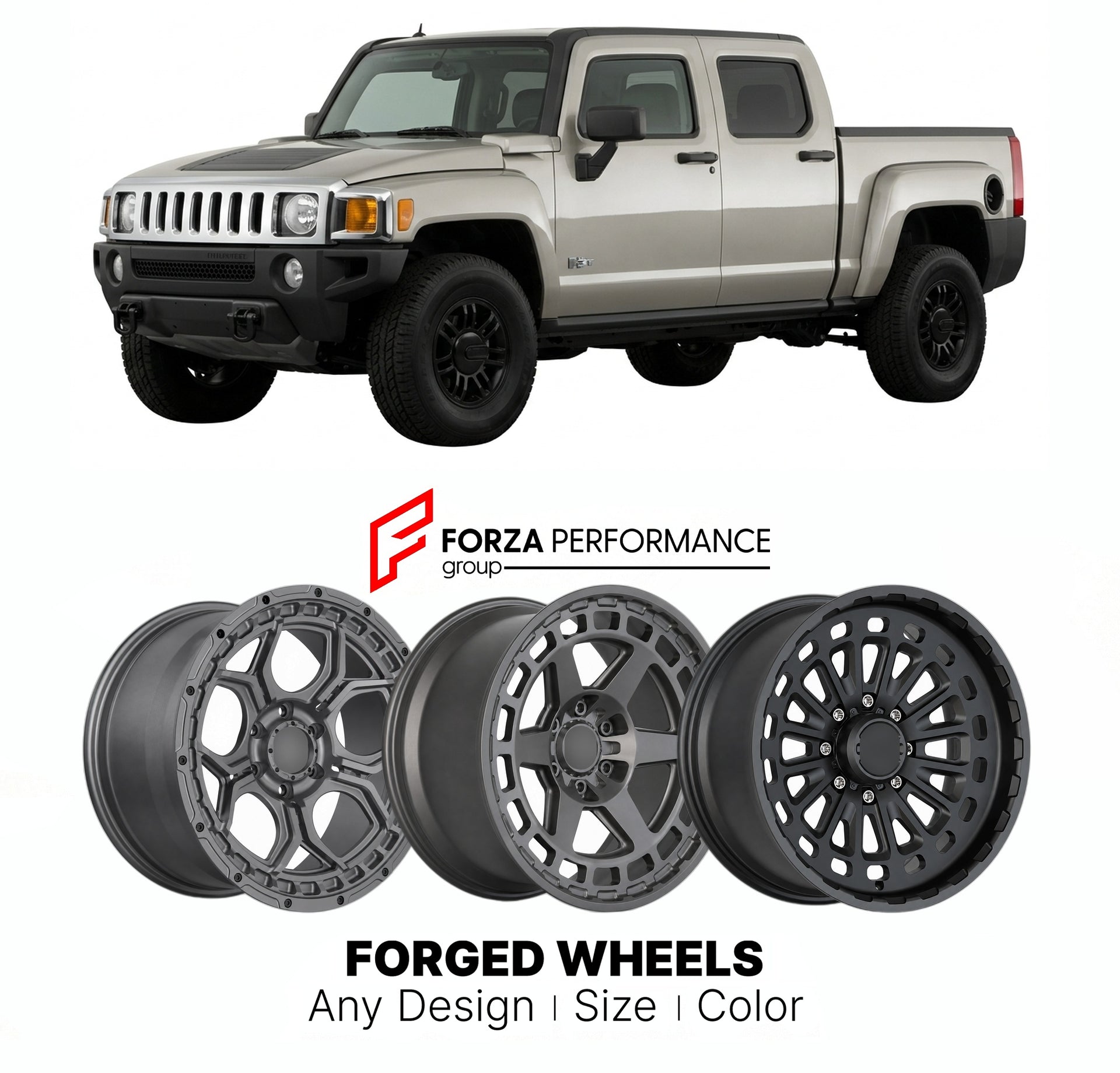 FORGED WHEELS RIMS for HUMMER H3T 2009 - 2010

Custom forged wheels for Hummer H3T 2009 - 2010. Made-to-order monoblock, 2-piece and 3-piece rims in custom sizes, offsets, colors and finishes with guaranteed fitment.

We manufacture premium quality forged wheels rims for Hummer H3T 2009 - 2010 in any design, size, color.

THIS WHEEL DESIGN CAN BE CUSTOM-MADE FOR YOUR CAR IN ANY SIZE AND COLOR OPTIONS
Available in monoblock, 2-piece, 3-piece, duoblock, beadlock
3D wheel renderings are provided according to t