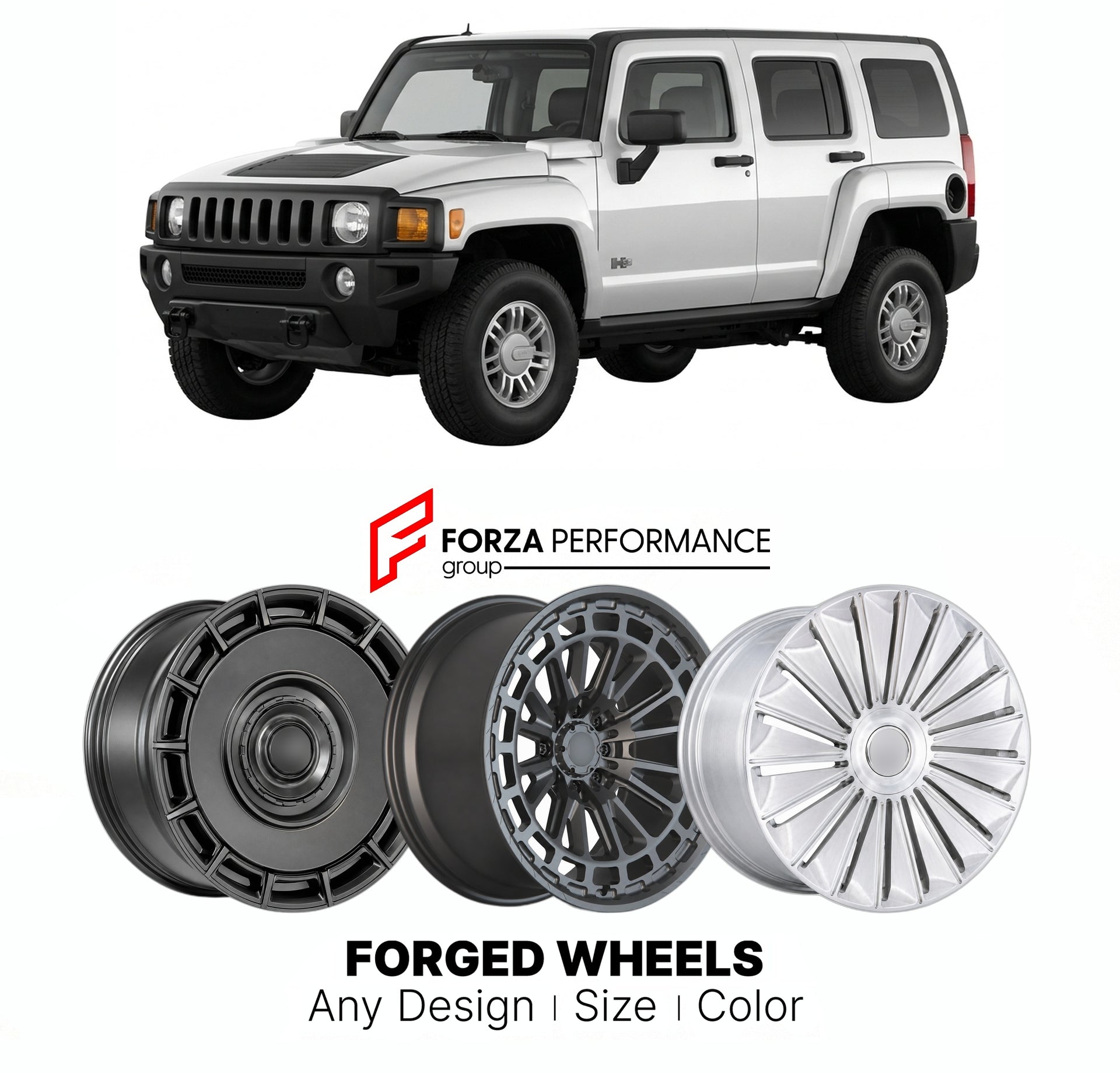 FORGED WHEELS RIMS for HUMMER H3 2006 - 2010

Custom forged wheels for Hummer H3 2006 - 2010. Made-to-order monoblock, 2-piece and 3-piece rims in custom sizes, offsets, colors and finishes with guaranteed fitment.

We manufacture premium quality forged wheels rims for Hummer H3 2006 - 2010 in any design, size, color.

THIS WHEEL DESIGN CAN BE CUSTOM-MADE FOR YOUR CAR IN ANY SIZE AND COLOR OPTIONS
Available in monoblock, 2-piece, 3-piece, duoblock, beadlock
3D wheel renderings are provided according to the 