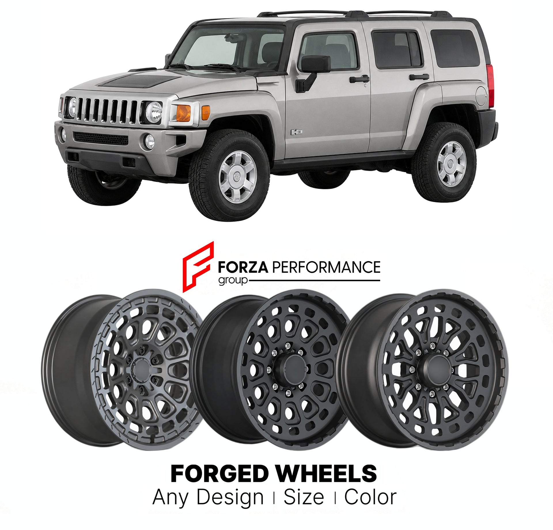 FORGED WHEELS RIMS for HUMMER H3 BASE 2006 - 2010

Custom forged wheels for Hummer H3 Base 2006 - 2010. Made-to-order monoblock, 2-piece and 3-piece rims in custom sizes, offsets, colors and finishes with guaranteed fitment.

We manufacture premium quality forged wheels rims for Hummer H3 Base 2006 - 2010 in any design, size, color.

THIS WHEEL DESIGN CAN BE CUSTOM-MADE FOR YOUR CAR IN ANY SIZE AND COLOR OPTIONS
Available in monoblock, 2-piece, 3-piece, duoblock, beadlock
3D wheel renderings are provided ac
