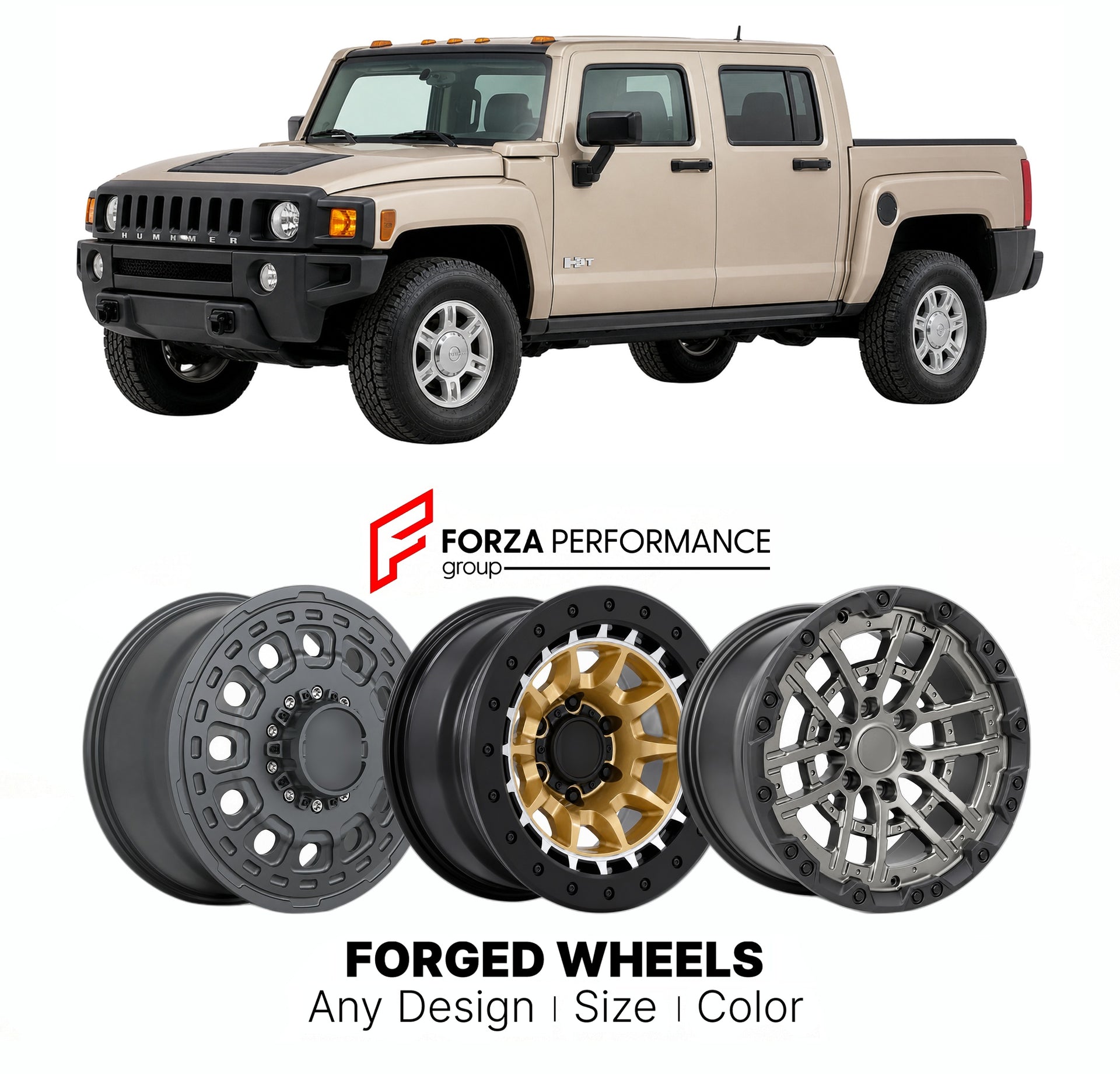 FORGED WHEELS RIMS for HUMMER H3 H3T PICKUP 2006 - 2010

Custom forged wheels for Hummer H3 H3T Pickup 2006 - 2010. Made-to-order monoblock, 2-piece and 3-piece rims in custom sizes, offsets, colors and finishes with guaranteed fitment.

We manufacture premium quality forged wheels rims for Hummer H3 H3T Pickup 2006 - 2010 in any design, size, color.

THIS WHEEL DESIGN CAN BE CUSTOM-MADE FOR YOUR CAR IN ANY SIZE AND COLOR OPTIONS
Available in monoblock, 2-piece, 3-piece, duoblock, beadlock
3D wheel renderin