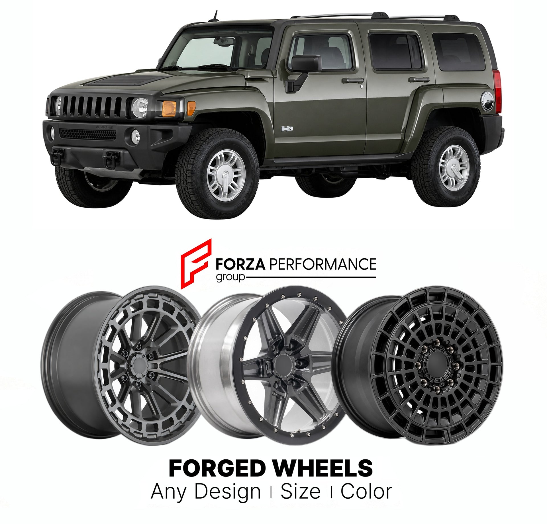 FORGED WHEELS RIMS for HUMMER H3 LUXURY 2006 - 2010

Custom forged wheels for Hummer H3 Luxury 2006 - 2010. Made-to-order monoblock, 2-piece and 3-piece rims in custom sizes, offsets, colors and finishes with guaranteed fitment.

We manufacture premium quality forged wheels rims for Hummer H3 Luxury 2006 - 2010 in any design, size, color.

THIS WHEEL DESIGN CAN BE CUSTOM-MADE FOR YOUR CAR IN ANY SIZE AND COLOR OPTIONS
Available in monoblock, 2-piece, 3-piece, duoblock, beadlock
3D wheel renderings are provi