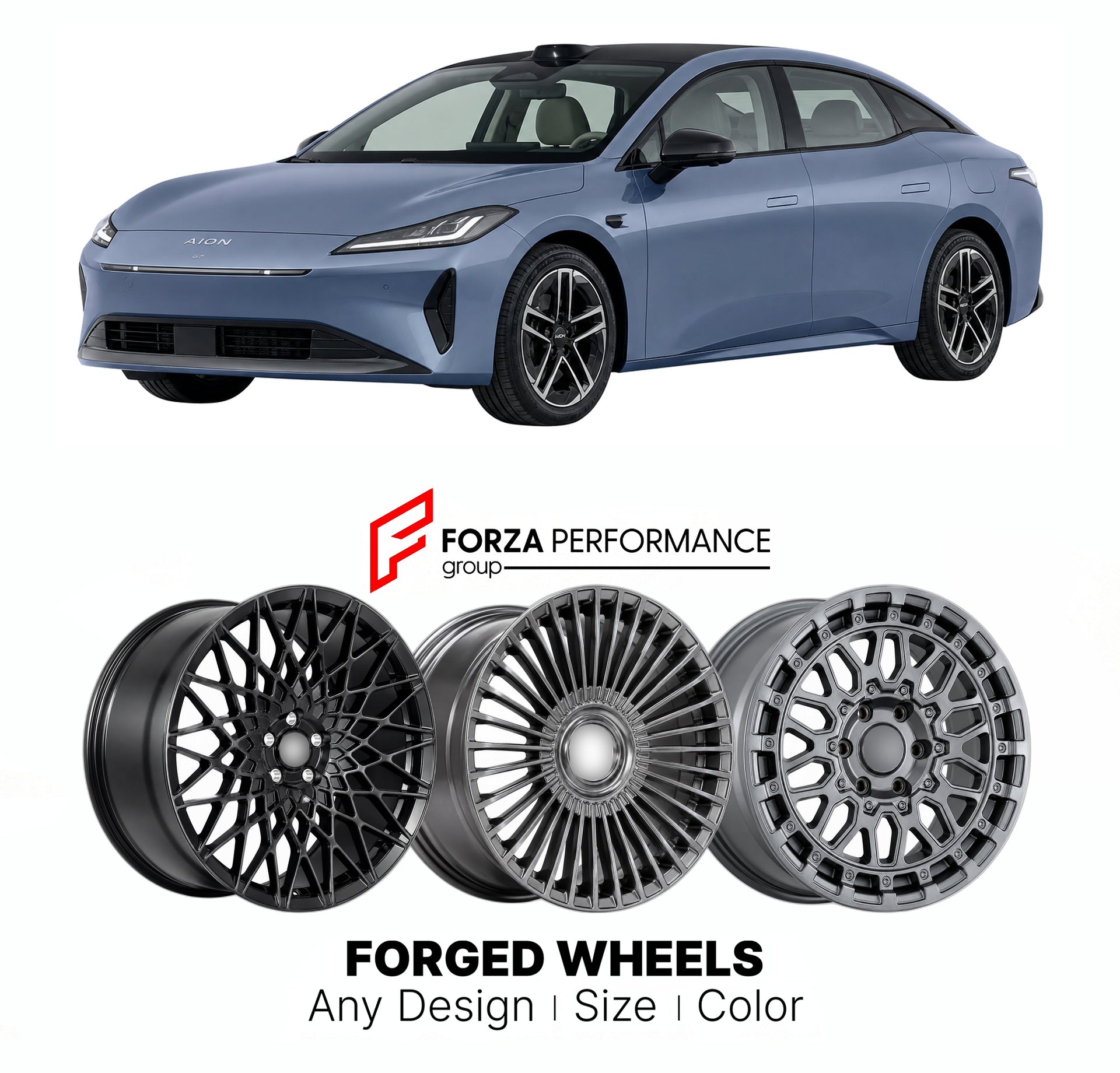 Custom forged wheels for Hyptec GAC Aion GT 2023+. Made-to-order monoblock, 2-piece and 3-piece wheels in custom sizes, offsets, colors and finishes with guaranteed vehicle fitment.

We manufacture premium quality forged wheels rims for Hyptec GAC Aion GT 2023+ in any design, size, color.

THIS WHEEL DESIGN CAN BE CUSTOM-MADE FOR YOUR CAR IN ANY SIZE AND COLOR OPTIONS
Available in monoblock, 2-piece, 3-piece, duoblock, beadlock
3D wheel renderings are provided according to the exact dimensions and specifica