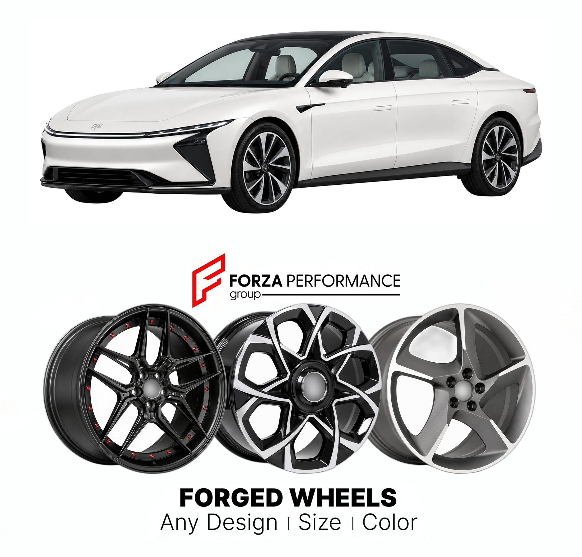 Custom forged wheels for IM Motors SAIC L7 2022+. Made-to-order monoblock, 2-piece and 3-piece wheels in custom sizes, offsets, colors and finishes with guaranteed vehicle fitment.

We manufacture premium quality forged wheels rims for IM Motors SAIC L7 2022+ in any design, size, color.

THIS WHEEL DESIGN CAN BE CUSTOM-MADE FOR YOUR CAR IN ANY SIZE AND COLOR OPTIONS
Available in monoblock, 2-piece, 3-piece, duoblock, beadlock
3D wheel renderings are provided according to the exact dimensions and specificati