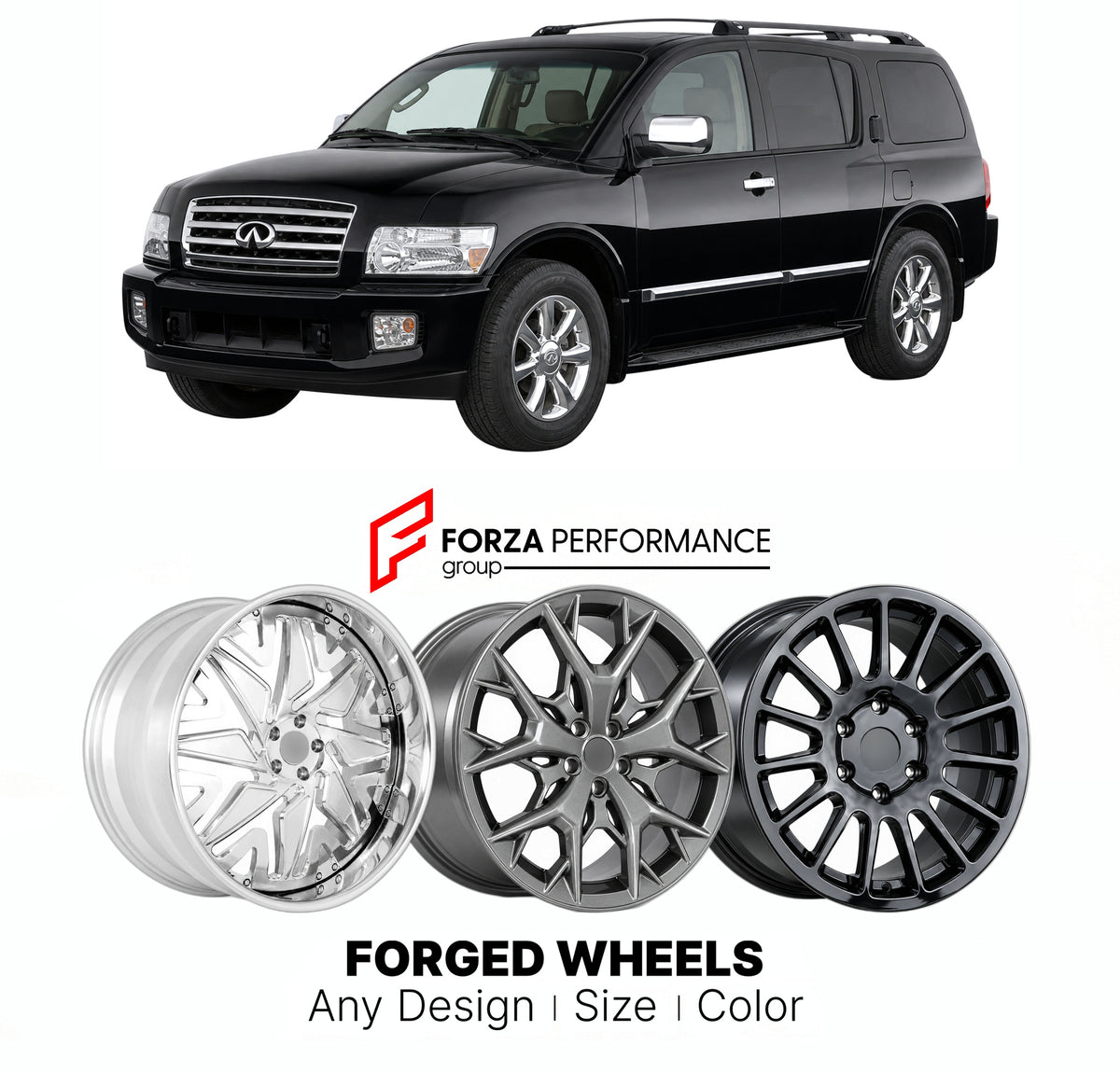 FORGED WHEELS RIMS for INFINITI QX56 JA60 2004 - 2007

Custom forged wheels for Infiniti QX56 JA60 2004 - 2007. Made-to-order monoblock, 2-piece and 3-piece rims in custom sizes, offsets, colors and finishes with guaranteed fitment.

We manufacture premium quality forged wheels rims for Infiniti QX56 JA60 2004 - 2007 in any design, size, color.

JDM WHEEL DESIGNS: our Japanese collection for SUVs and pickups includes designs inspired by Bradley V, Method Race Wheels, Forgiato, Kuhl Racing, Mugen, TRD, Rota,