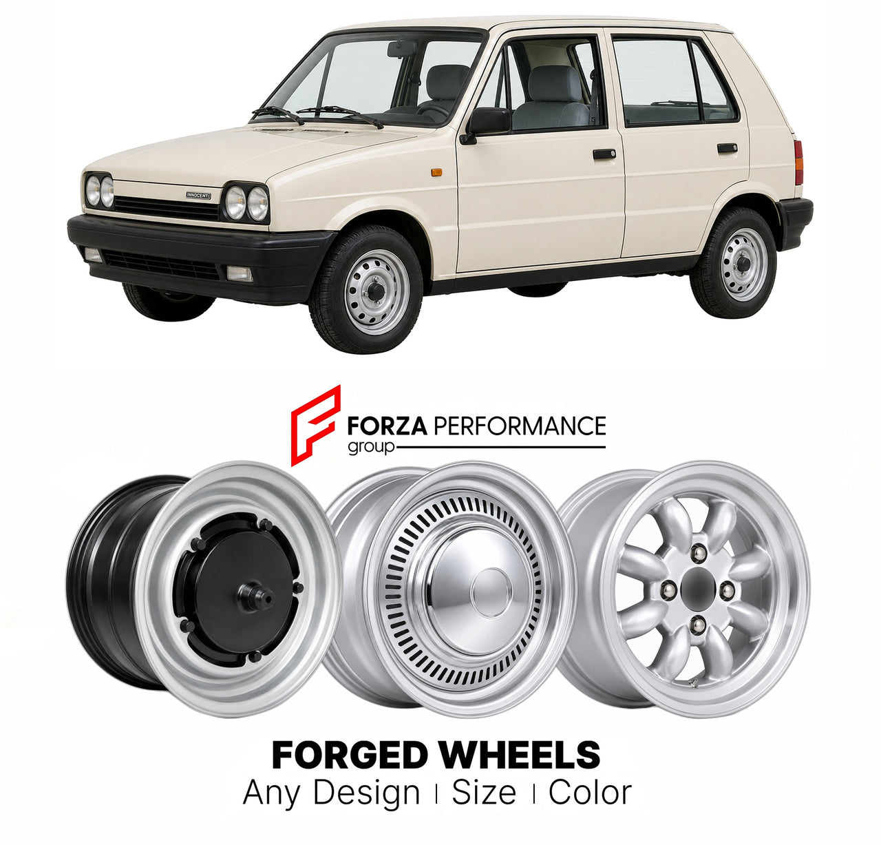 CUSTOM CLASSIC VINTAGE RESTOMOD RETRO OLD SCHOOL FORGED WHEELS RIMS for INNOCENTI MILLE 1980 - 1997

Custom forged wheels for Innocenti Mille 1980 - 1997. Classic, vintage, restomod wheel designs made to order in custom sizes, offsets, colors and finishes.

We manufacture premium quality forged wheels rims for Innocenti Mille 1980 - 1997 in any design, size, color.

THIS WHEEL DESIGN CAN BE CUSTOM-MADE FOR YOUR CAR IN ANY SIZE AND COLOR OPTIONS
Available in monoblock, 2-piece, 3-piece, duoblock, beadlock
3D