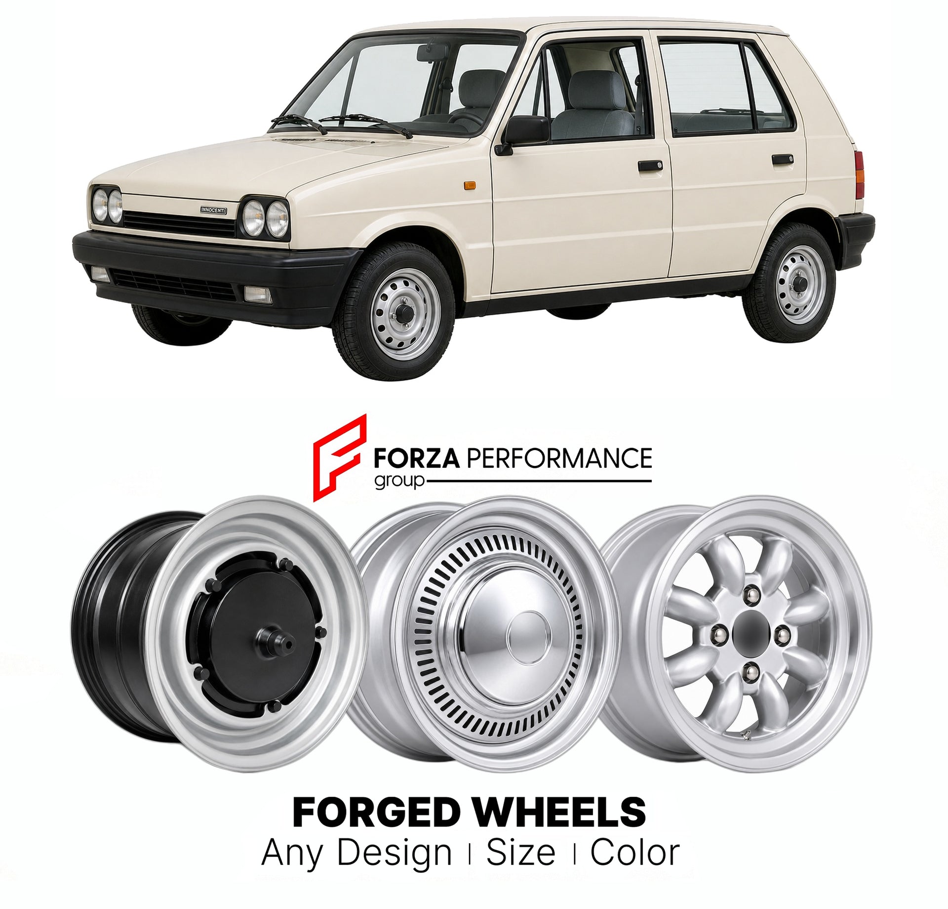 CUSTOM CLASSIC VINTAGE RESTOMOD RETRO OLD SCHOOL FORGED WHEELS RIMS for INNOCENTI MILLE 1980 - 1997

Custom forged wheels for Innocenti Mille 1980 - 1997. Classic, vintage, restomod wheel designs made to order in custom sizes, offsets, colors and finishes.

We manufacture premium quality forged wheels rims for Innocenti Mille 1980 - 1997 in any design, size, color.

THIS WHEEL DESIGN CAN BE CUSTOM-MADE FOR YOUR CAR IN ANY SIZE AND COLOR OPTIONS
Available in monoblock, 2-piece, 3-piece, duoblock, beadlock
3D