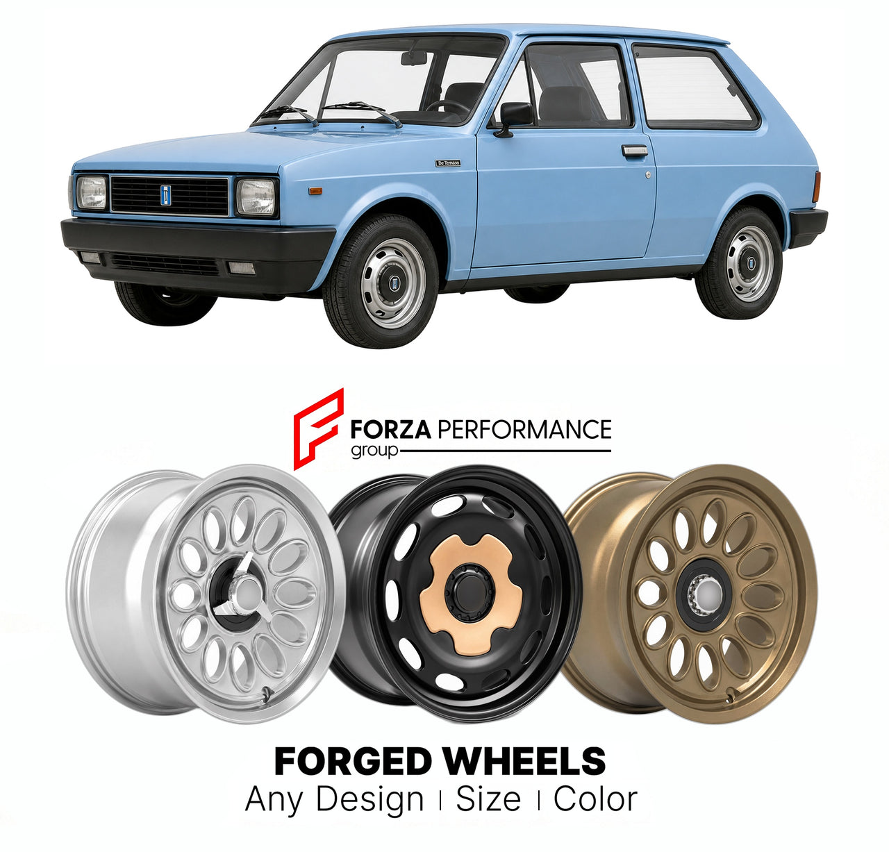 CUSTOM CLASSIC VINTAGE RESTOMOD RETRO OLD SCHOOL FORGED WHEELS RIMS for INNOCENTI MINI DE TOMASO BERTONE 1974 - 1993

Custom forged wheels for Innocenti Mini De Tomaso Bertone 1974 - 1993. Classic, vintage, restomod wheel designs made to order in custom sizes, offsets, colors and finishes.

We manufacture premium quality forged wheels rims for Innocenti Mini De Tomaso Bertone 1974 - 1993 in any design, size, color.

THIS WHEEL DESIGN CAN BE CUSTOM-MADE FOR YOUR CAR IN ANY SIZE AND COLOR OPTIONS
Available in