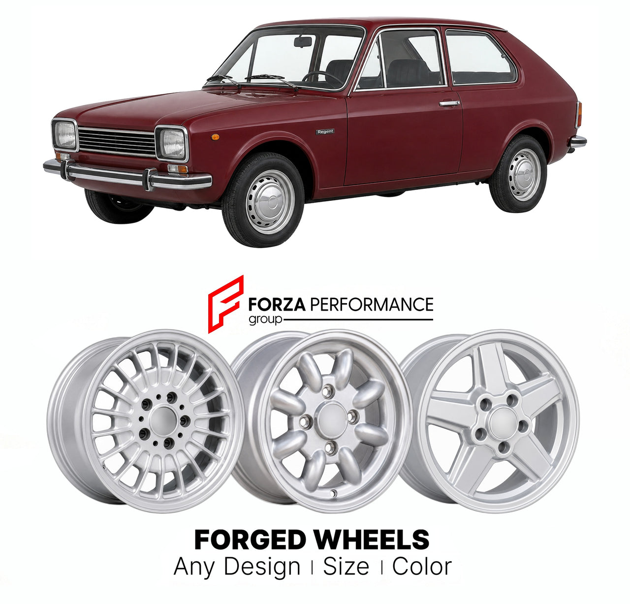 CUSTOM CLASSIC VINTAGE RESTOMOD RETRO OLD SCHOOL FORGED WHEELS RIMS for INNOCENTI REGENT 1974 - 1975

Custom forged wheels for Innocenti Regent 1974 - 1975. Classic, vintage, restomod wheel designs made to order in custom sizes, offsets, colors and finishes.

We manufacture premium quality forged wheels rims for Innocenti Regent 1974 - 1975 in any design, size, color.

THIS WHEEL DESIGN CAN BE CUSTOM-MADE FOR YOUR CAR IN ANY SIZE AND COLOR OPTIONS
Available in monoblock, 2-piece, 3-piece, duoblock, beadlock