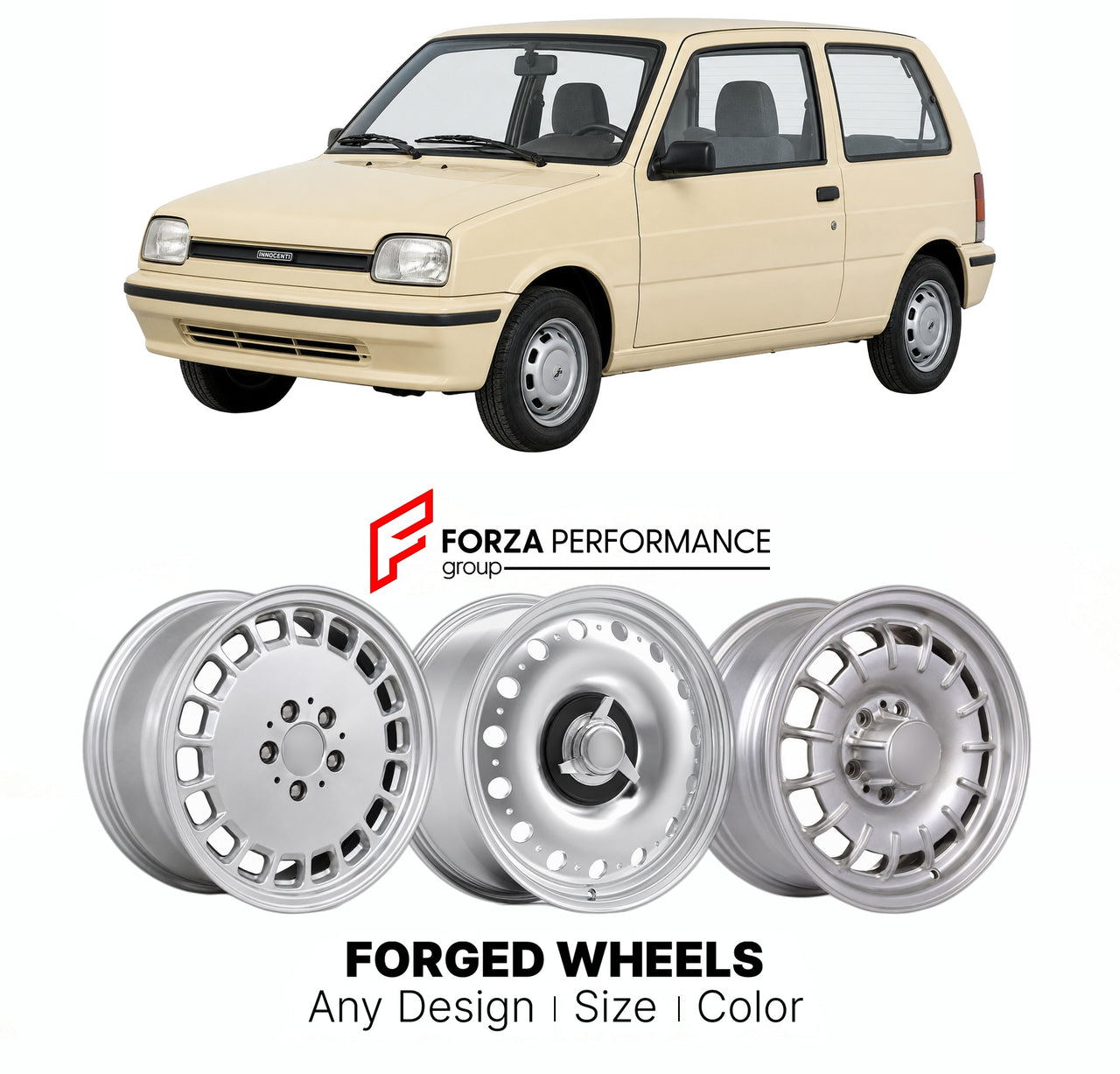 CUSTOM CLASSIC VINTAGE RESTOMOD RETRO OLD SCHOOL FORGED WHEELS RIMS for INNOCENTI SMALL 500 990 1991 - 1993

Custom forged wheels for Innocenti Small 500 990 1991 - 1993. Classic, vintage, restomod wheel designs made to order in custom sizes, offsets, colors and finishes.

We manufacture premium quality forged wheels rims for Innocenti Small 500 990 1991 - 1993 in any design, size, color.

THIS WHEEL DESIGN CAN BE CUSTOM-MADE FOR YOUR CAR IN ANY SIZE AND COLOR OPTIONS
Available in monoblock, 2-piece, 3-piec
