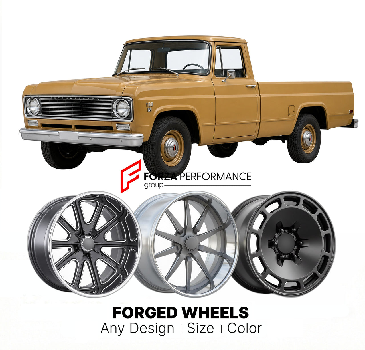 CUSTOM CLASSIC VINTAGE RESTOMOD RETRO OLD SCHOOL FORGED WHEELS RIMS for INTERNATIONAL HARVESTER 1100A 1966
Custom forged wheels for classic American muscle cars. Ideal for restomod builds, vintage restorations, and show cars. Deep dish and retro styling available.

We manufacture premium quality forged wheels rims for International Harvester 1100A 1966 in any design, size, color.

THIS WHEEL DESIGN CAN BE CUSTOM-MADE FOR YOUR CAR IN ANY SIZE AND COLOR OPTIONS
Available in monoblock, 2-piece, 3-piece, duoblo