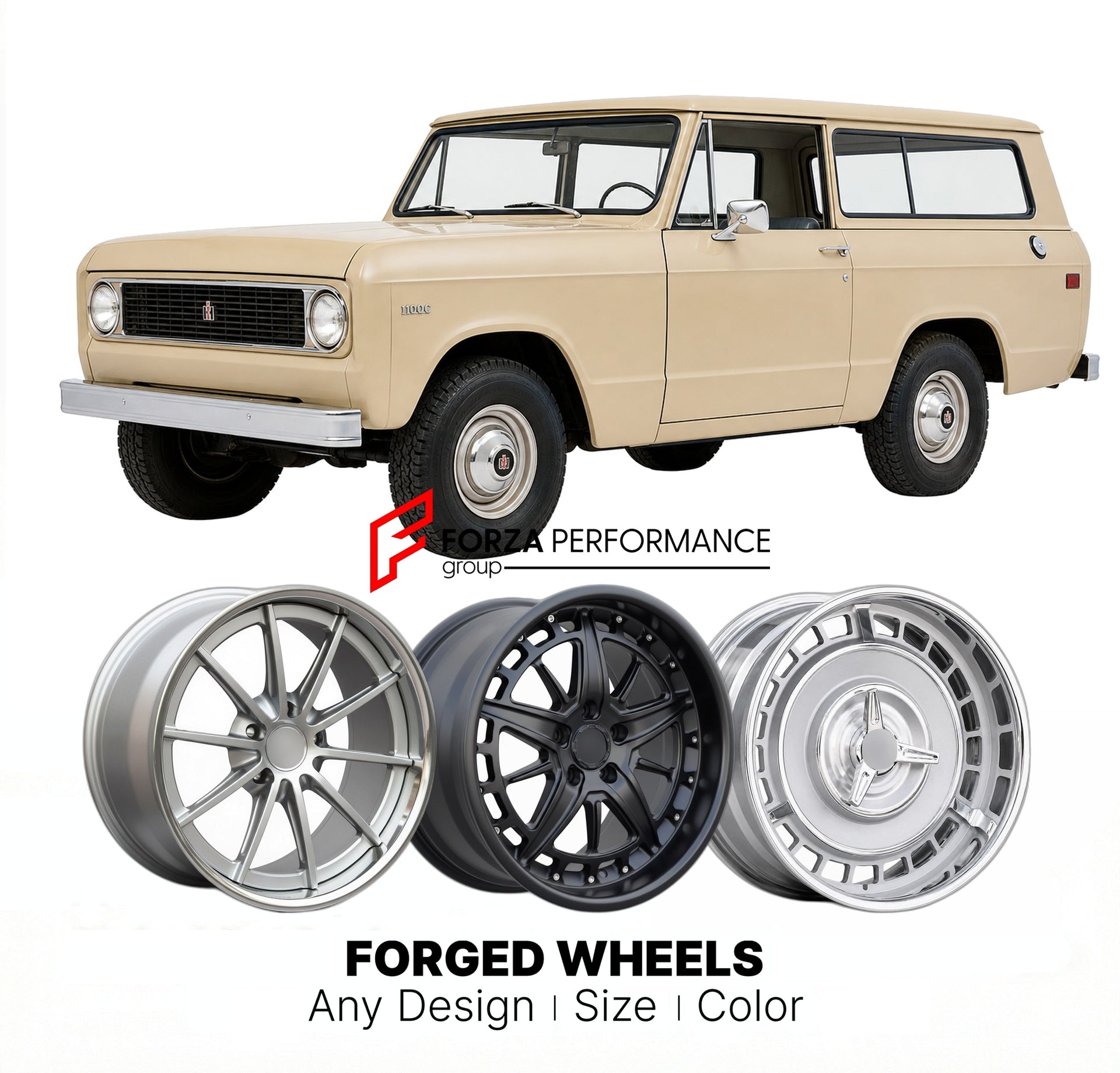 CUSTOM CLASSIC VINTAGE RESTOMOD RETRO OLD SCHOOL FORGED WHEELS RIMS for INTERNATIONAL HARVESTER 1100C 1968
Custom forged wheels for classic American muscle cars. Ideal for restomod builds, vintage restorations, and show cars. Deep dish and retro styling available.

We manufacture premium quality forged wheels rims for International Harvester 1100C 1968 in any design, size, color.

THIS WHEEL DESIGN CAN BE CUSTOM-MADE FOR YOUR CAR IN ANY SIZE AND COLOR OPTIONS
Available in monoblock, 2-piece, 3-piece, duoblo