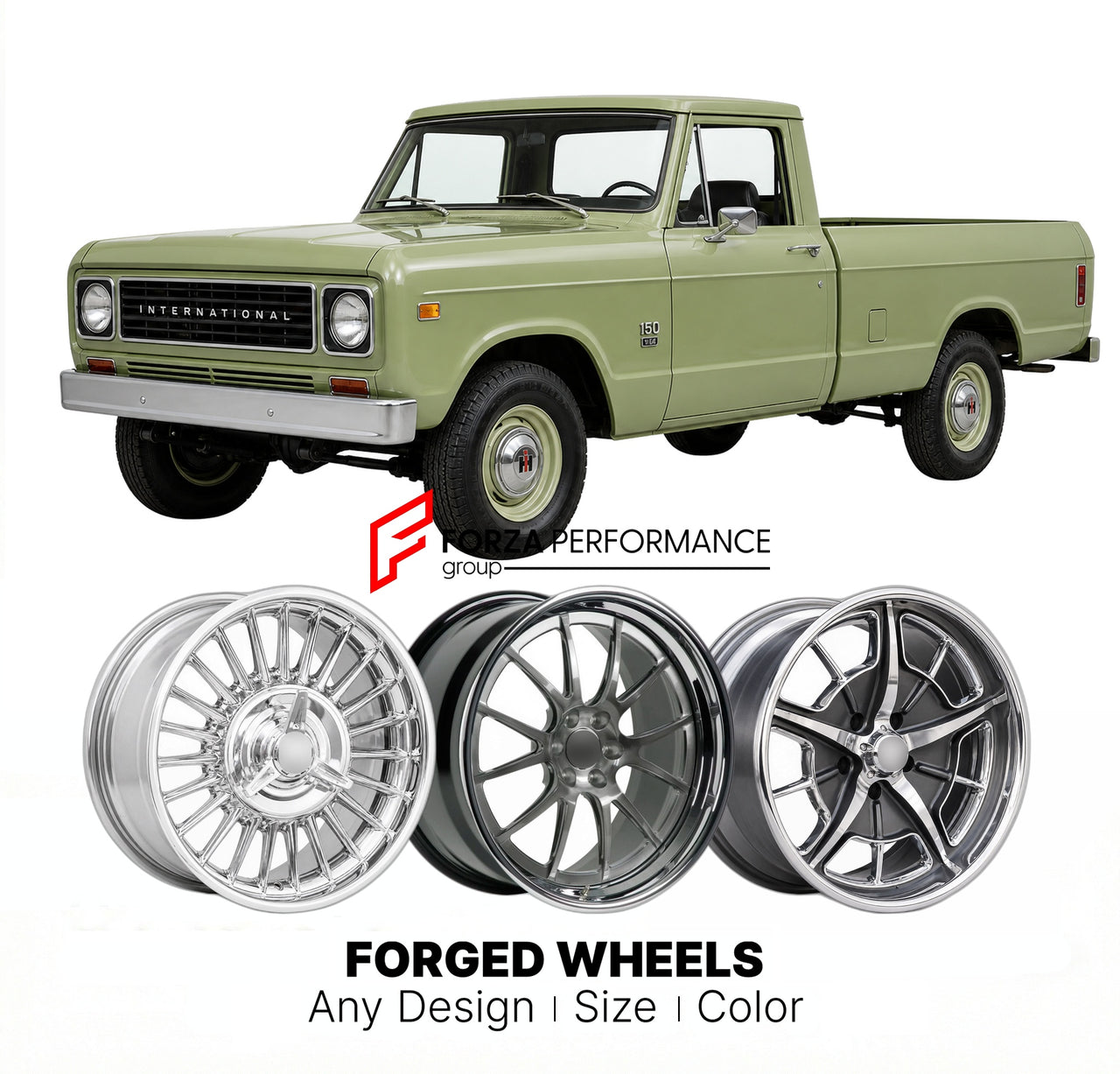 CUSTOM CLASSIC VINTAGE RESTOMOD RETRO OLD SCHOOL FORGED WHEELS RIMS for INTERNATIONAL HARVESTER 150 1975
Custom forged wheels for classic American muscle cars. Ideal for restomod builds, vintage restorations, and show cars. Deep dish and retro styling available.

We manufacture premium quality forged wheels rims for International Harvester 150 1975 in any design, size, color.

THIS WHEEL DESIGN CAN BE CUSTOM-MADE FOR YOUR CAR IN ANY SIZE AND COLOR OPTIONS
Available in monoblock, 2-piece, 3-piece, duoblock, 