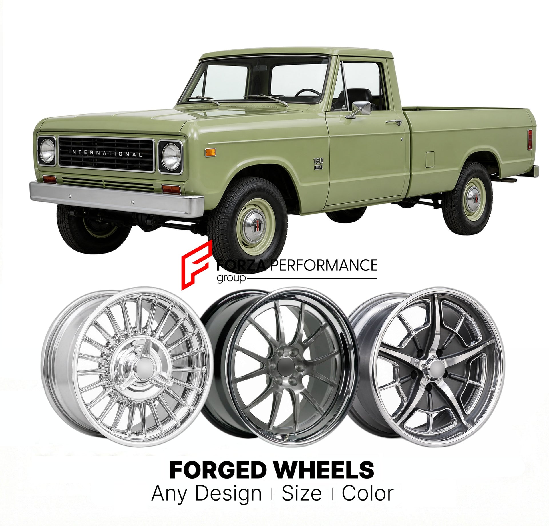 CUSTOM CLASSIC VINTAGE RESTOMOD RETRO OLD SCHOOL FORGED WHEELS RIMS for INTERNATIONAL HARVESTER 150 1975
Custom forged wheels for classic American muscle cars. Ideal for restomod builds, vintage restorations, and show cars. Deep dish and retro styling available.

We manufacture premium quality forged wheels rims for International Harvester 150 1975 in any design, size, color.

THIS WHEEL DESIGN CAN BE CUSTOM-MADE FOR YOUR CAR IN ANY SIZE AND COLOR OPTIONS
Available in monoblock, 2-piece, 3-piece, duoblock, 