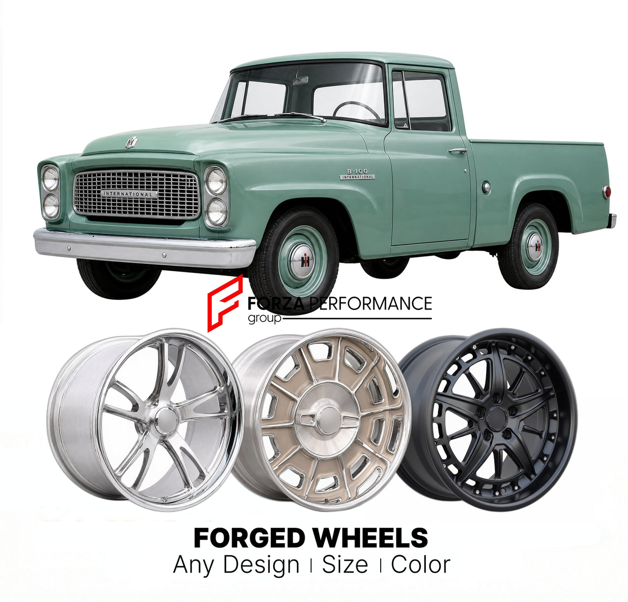 CUSTOM CLASSIC VINTAGE RESTOMOD RETRO OLD SCHOOL FORGED WHEELS RIMS for INTERNATIONAL HARVESTER B-100 1959 - 1960
Custom forged wheels for classic American muscle cars. Ideal for restomod builds, vintage restorations, and show cars. Deep dish and retro styling available.

We manufacture premium quality forged wheels rims for International Harvester B-100 1959 - 1960 in any design, size, color.

THIS WHEEL DESIGN CAN BE CUSTOM-MADE FOR YOUR CAR IN ANY SIZE AND COLOR OPTIONS
Available in monoblock, 2-piece, 3